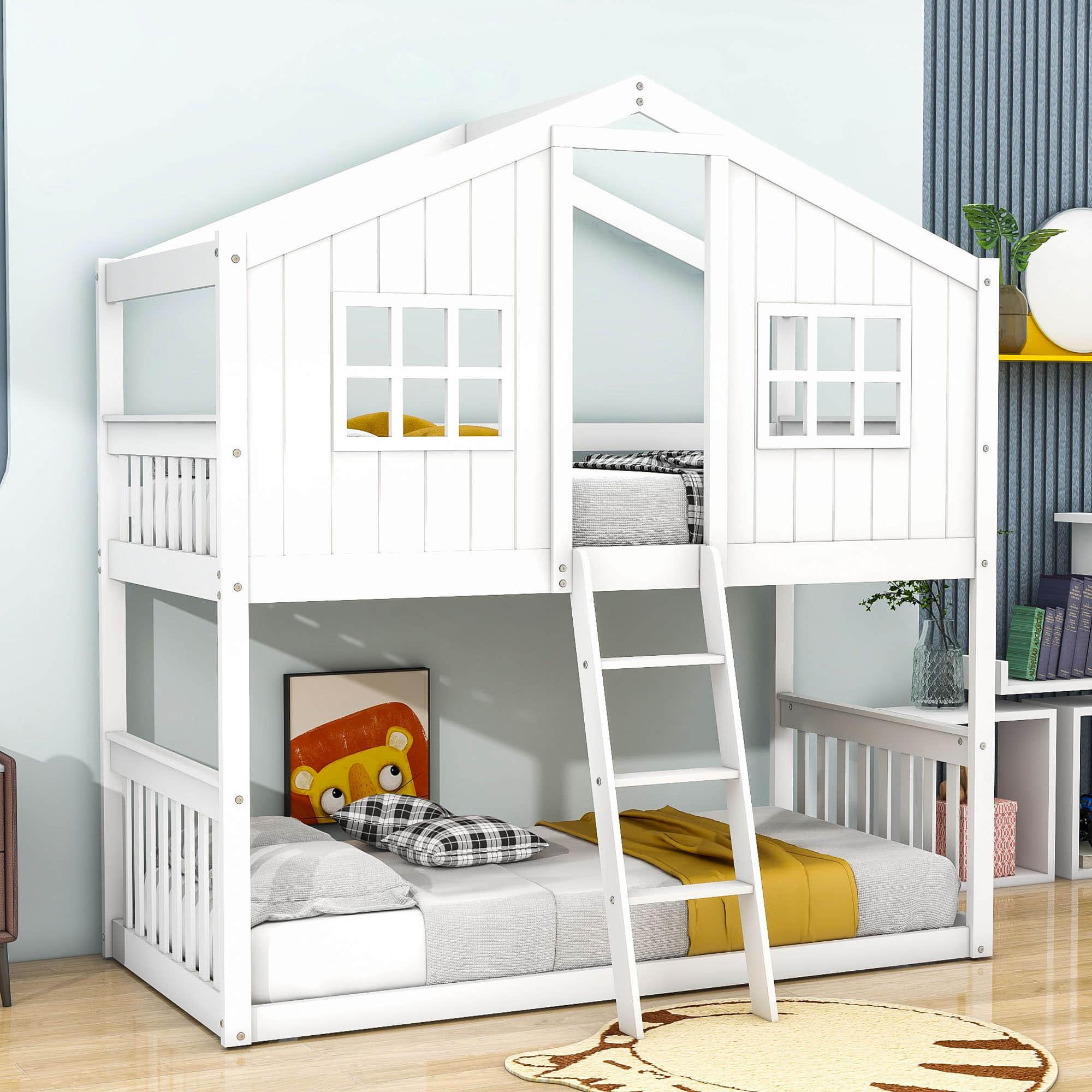 Low Twin Over Twin House Bunk Beds for Kids Toddler - [Wooden, Floor]