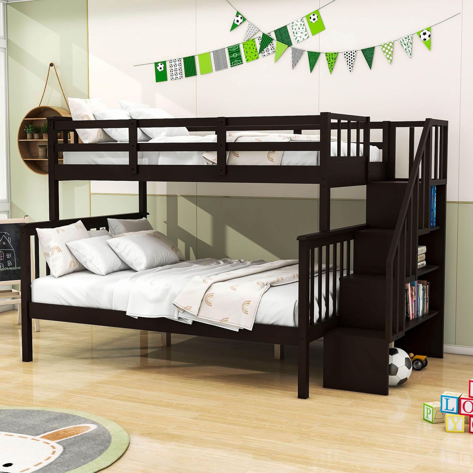 Wood Twin Over Full Bunk Bed with Storage and Stairs - [Shelves, Classic]