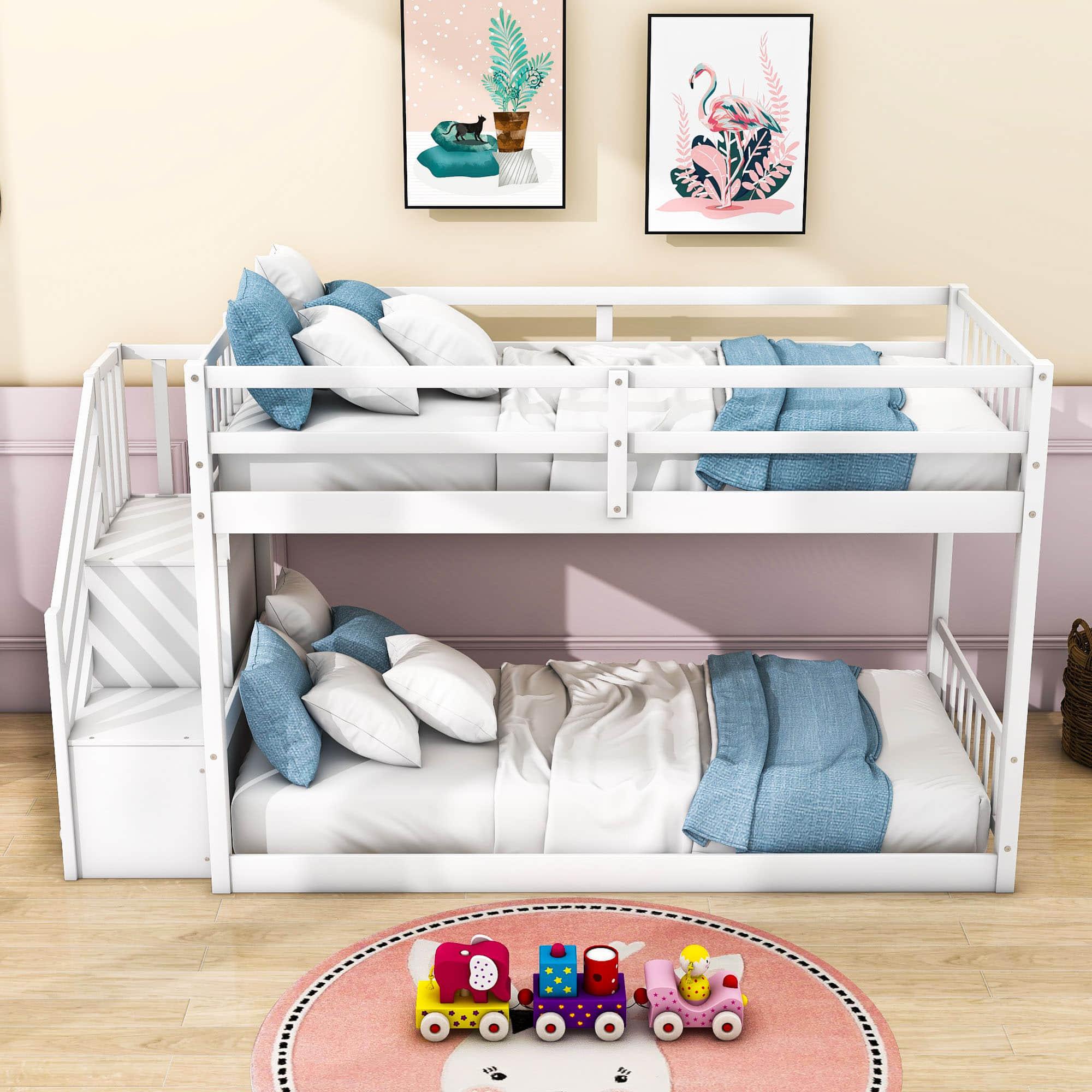 Low Twin Over Twin Toddler Bunk Beds with Stairs - [Floor]