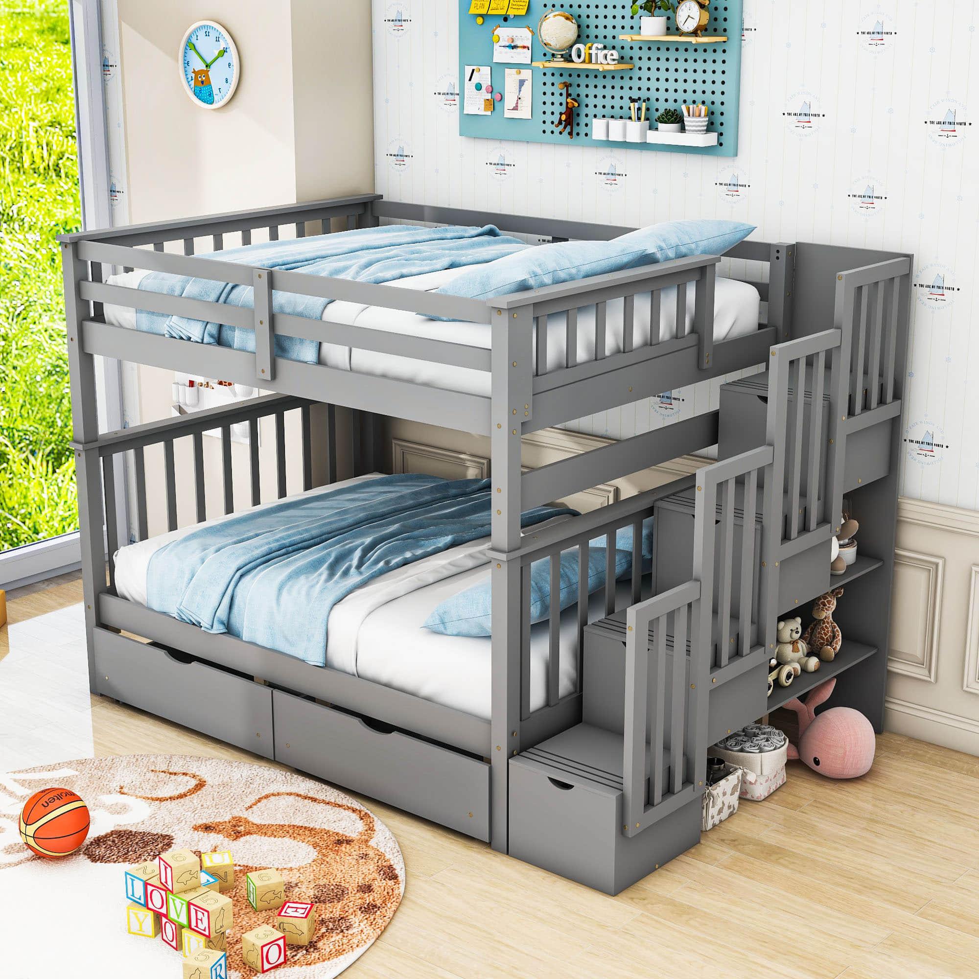 Wooden Convertible Full Over Full Bunk Beds with Stairs and Storage