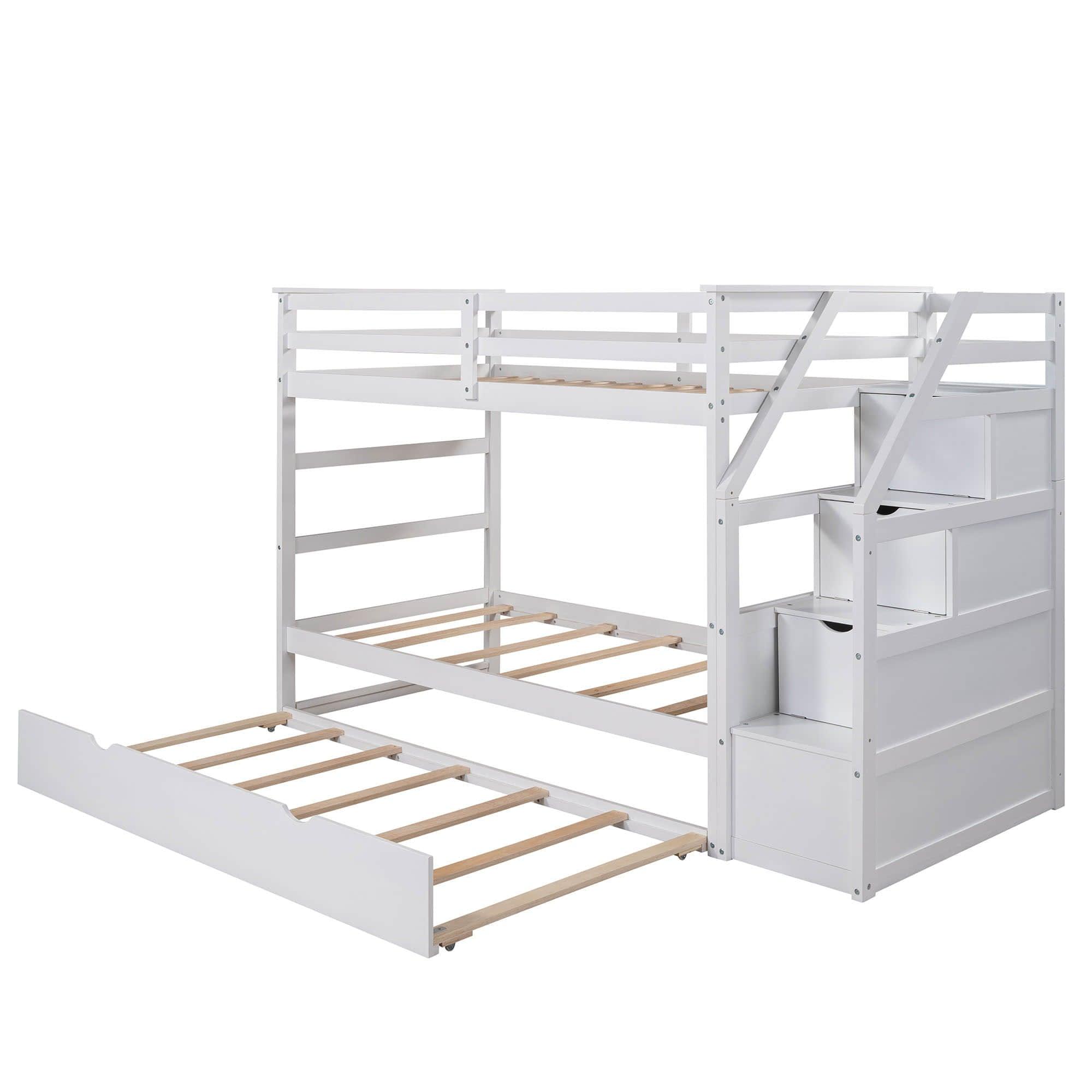 Low Twin Over Twin Bunk Beds for Kids with Storage Stairs and Trundle