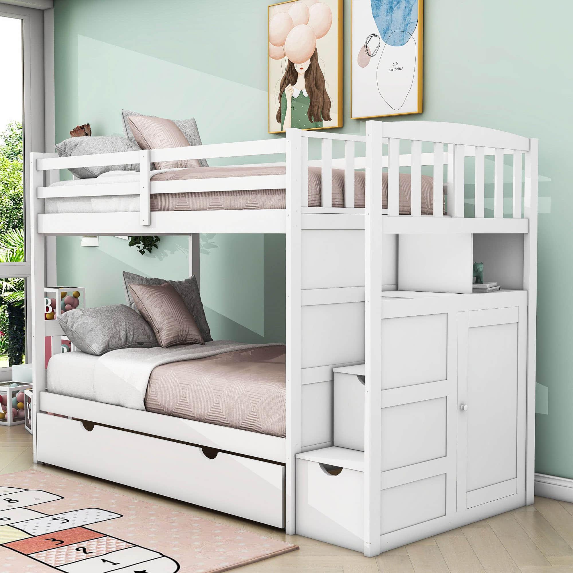 Twin Over Twin/Full Convertible Bunk Beds with Stairs and Storage - [Drawers, Shelves, Cabinet]