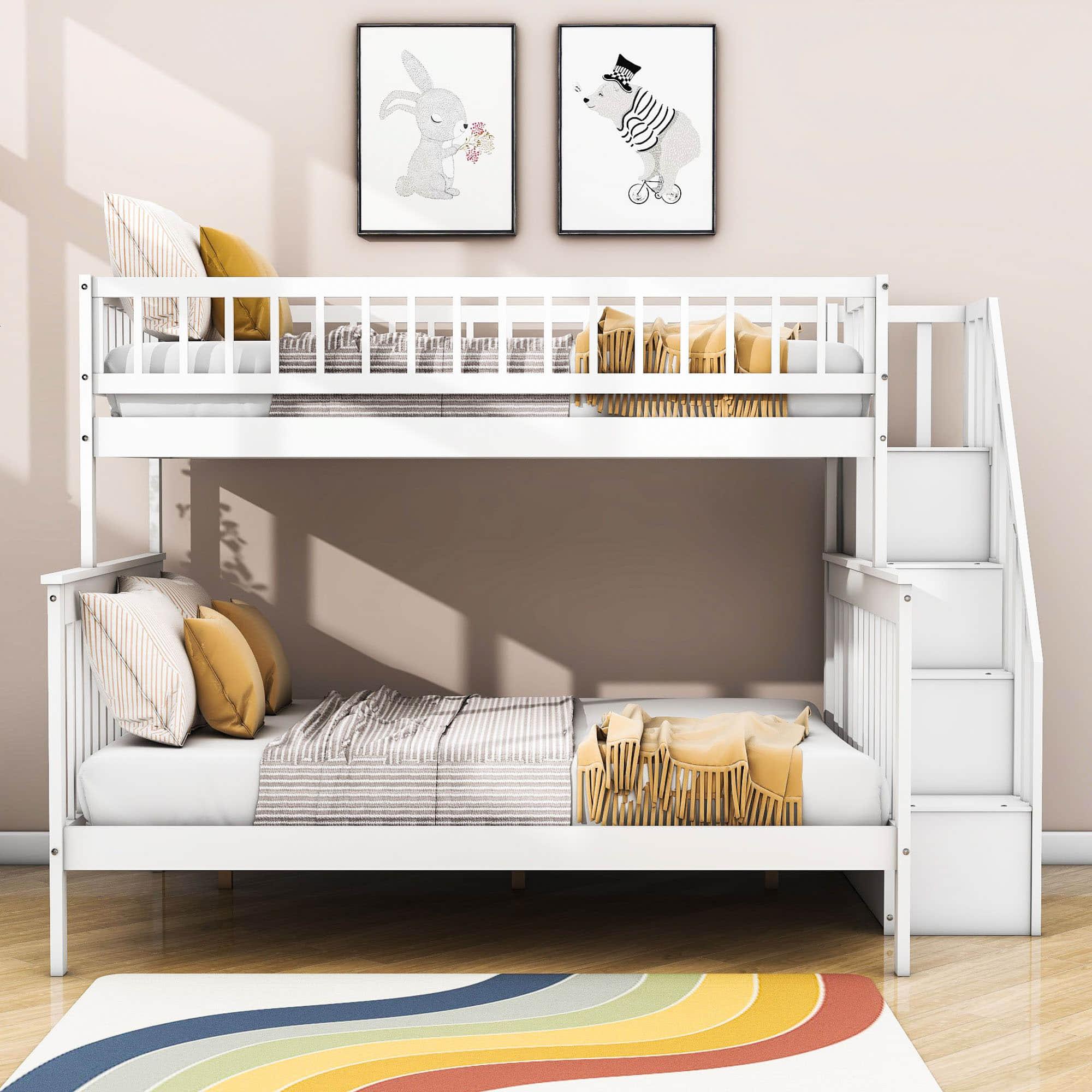 Twin Over Full Wooden Bunk Beds with Stairs and Storage Shelves