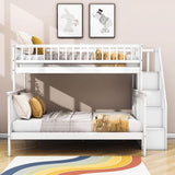 Twin Over Full Wooden Bunk Beds with Stairs and Storage Shelves