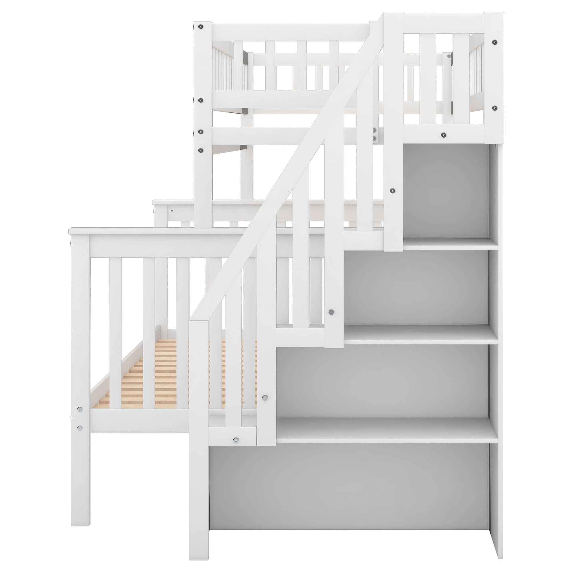 Twin Over Full Wooden Bunk Beds with Stairs and Storage Shelves