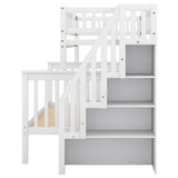 Twin Over Full Wooden Bunk Beds with Stairs and Storage Shelves