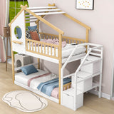 Low Twin Over Twin House Bunk Beds with Stairs and Storage for Kids, Toddler - [Floor]