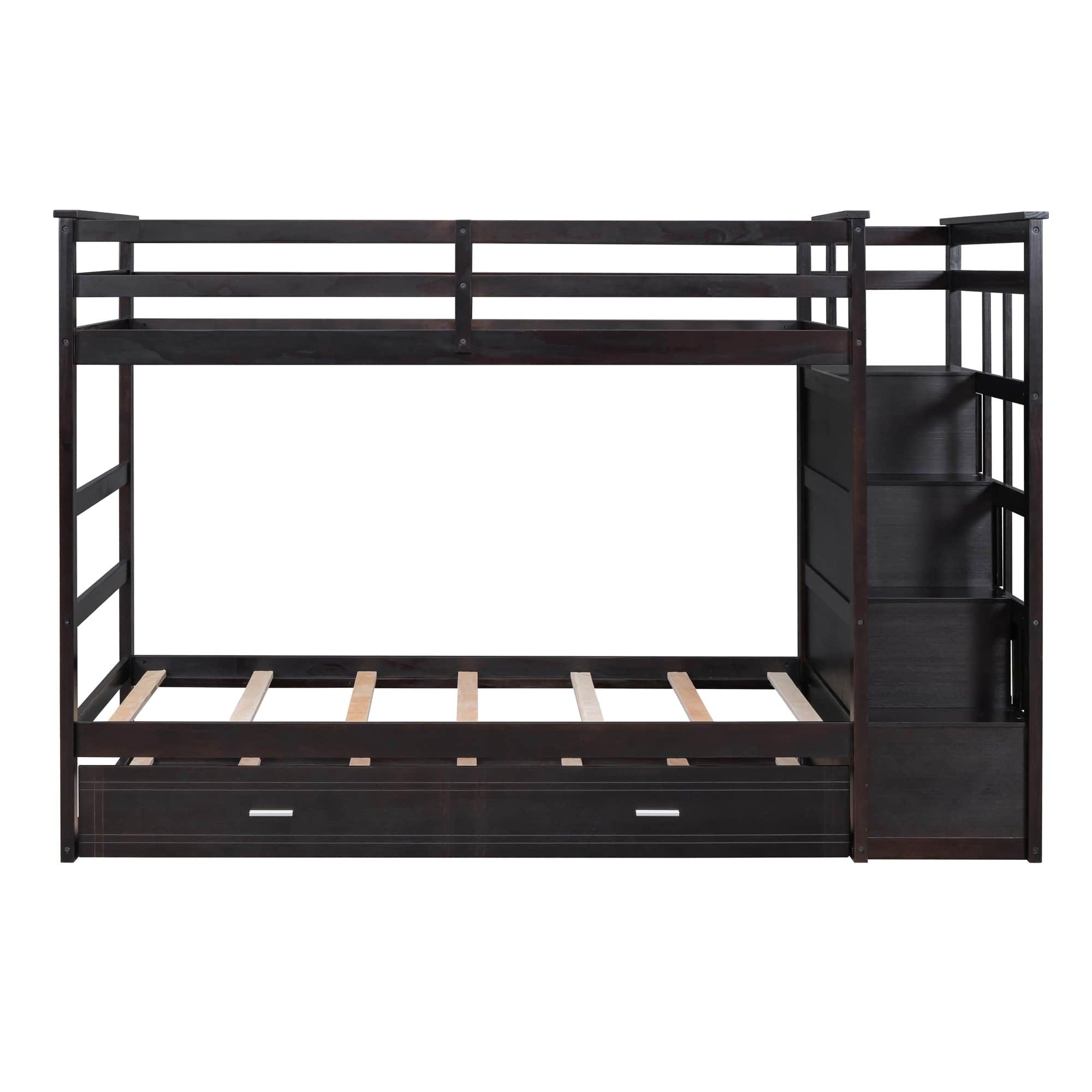 Twin Over Twin Bunk Beds with Stairs, Storage and Trundle - [Wooden, Drawers]