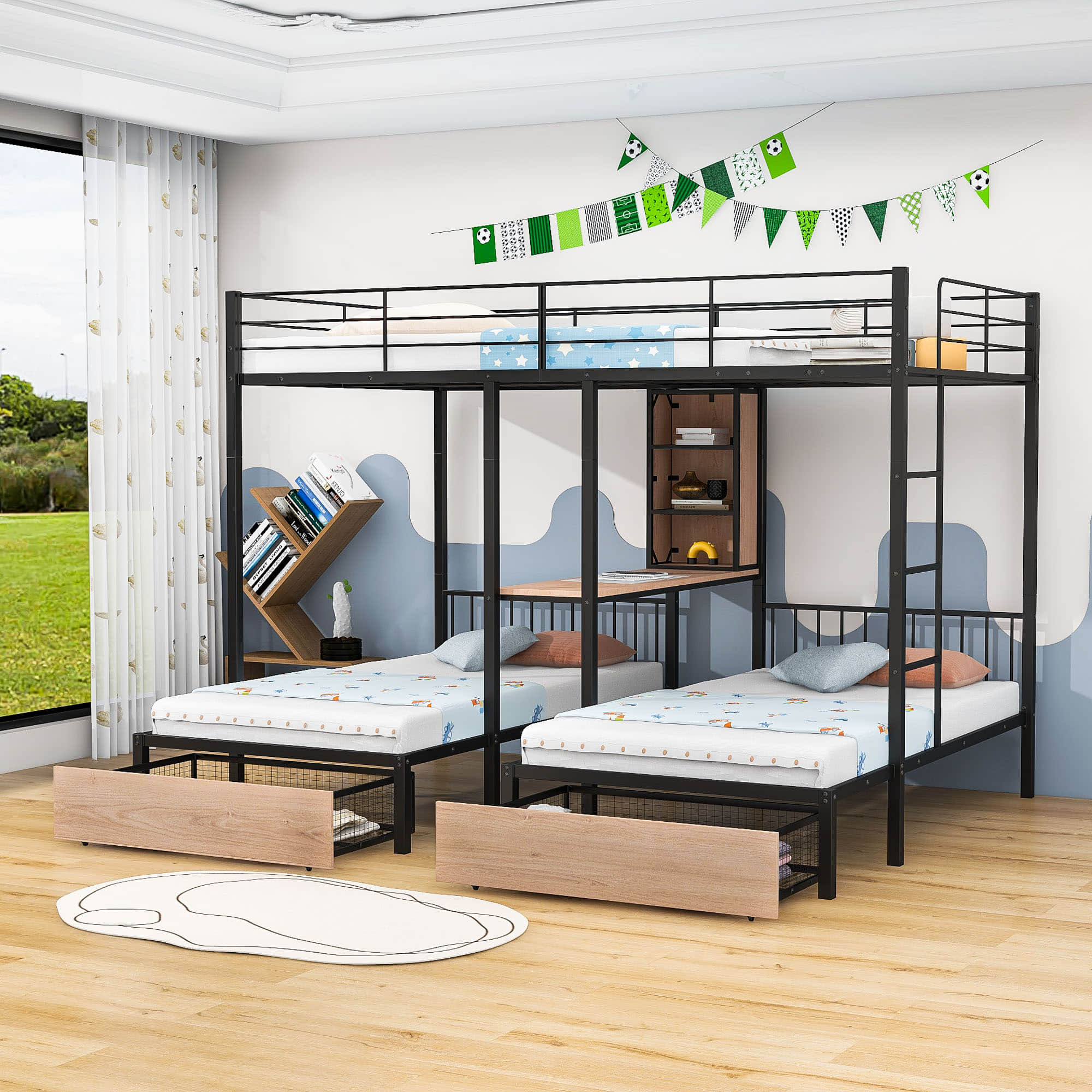 L-Shaped Full Over Twin & Twin Metal Triple Bunk Bed with Desk and Storage