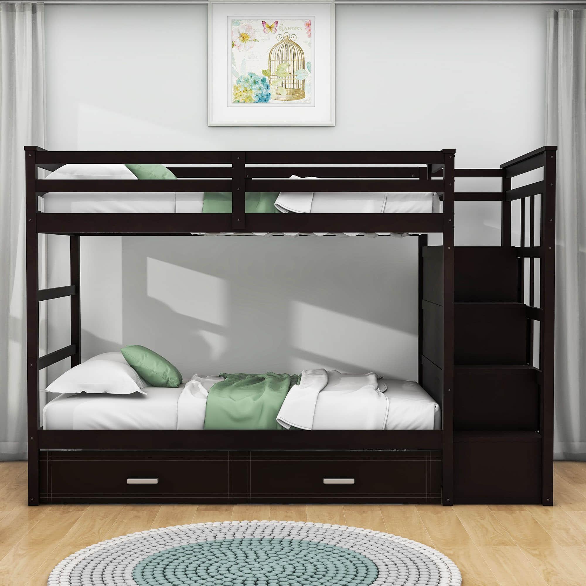 Twin Over Twin Bunk Beds with Stairs, Storage and Trundle - [Wooden, Drawers]