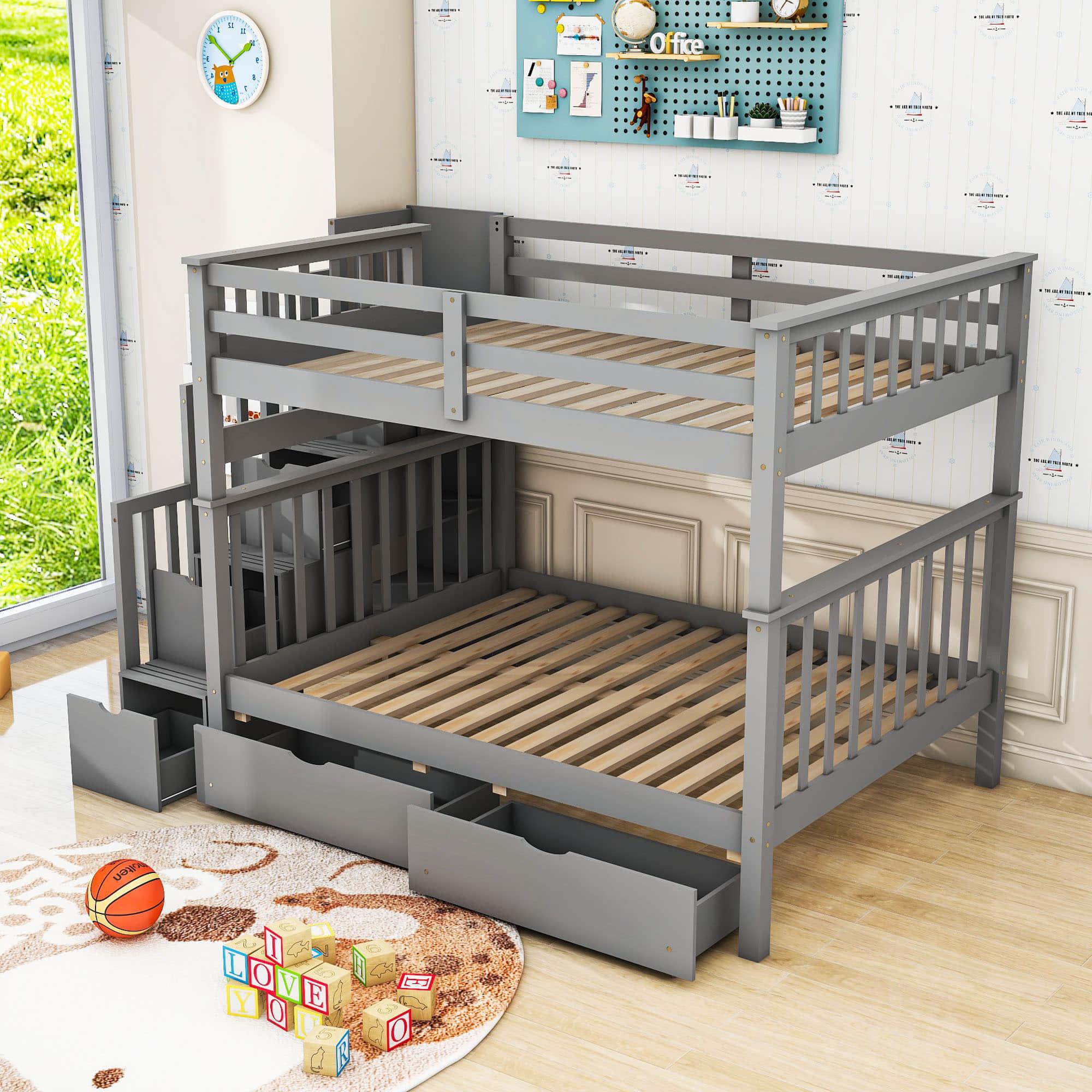 Wooden Convertible Full Over Full Bunk Beds with Stairs and Storage