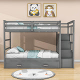 Twin Over Twin Bunk Beds with Stairs, Storage and Trundle - [Wooden, Drawers]