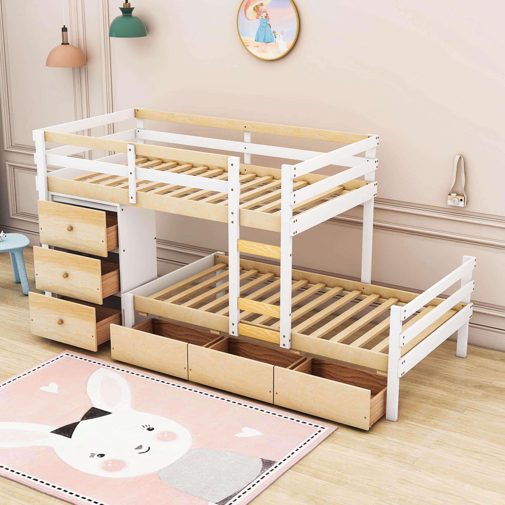 Low Twin Over Twin Bunk Beds for Kids with Storage Drawers and Dresser