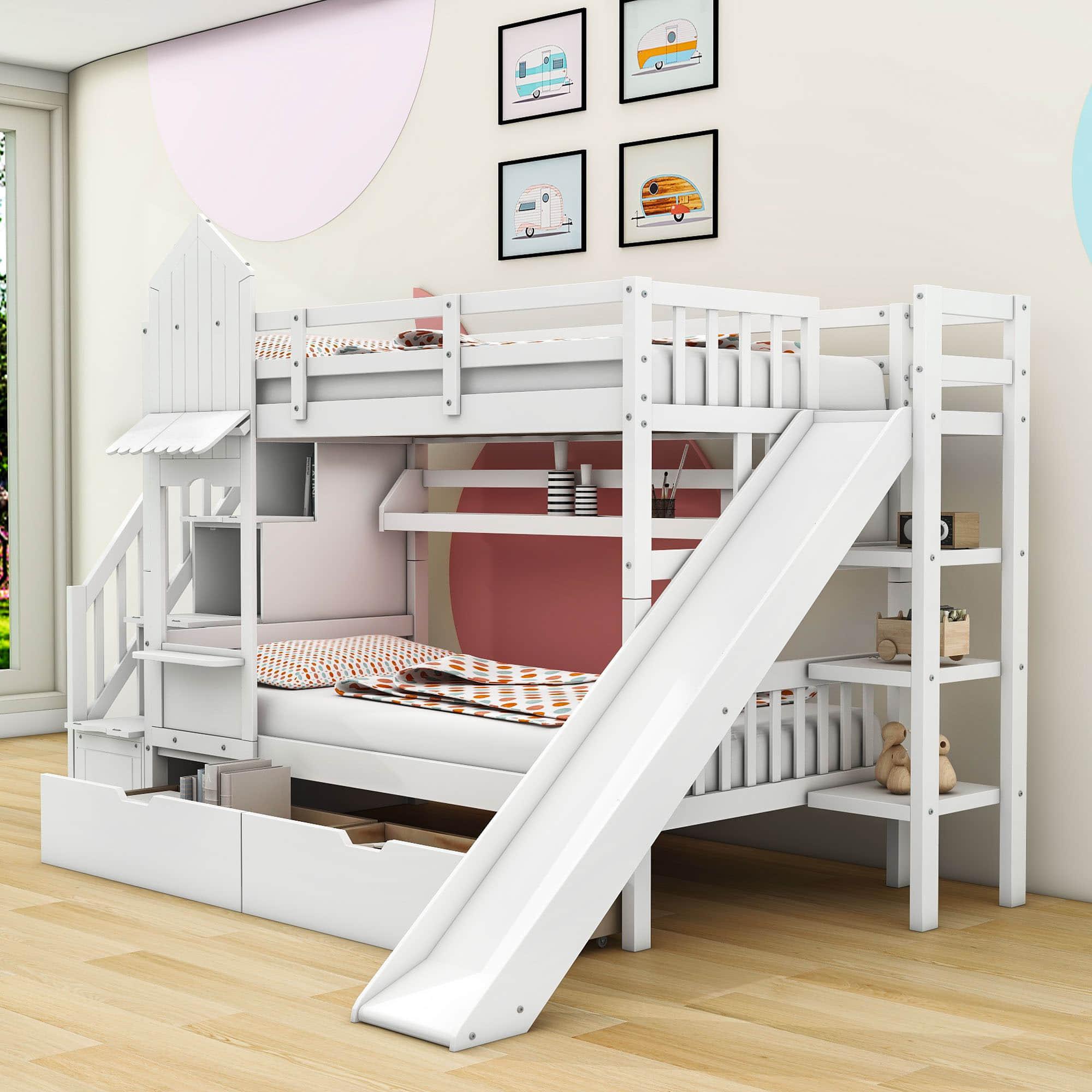 Girls Twin Over Twin Castle Bunk Bed with Slide and Stairs, Storage