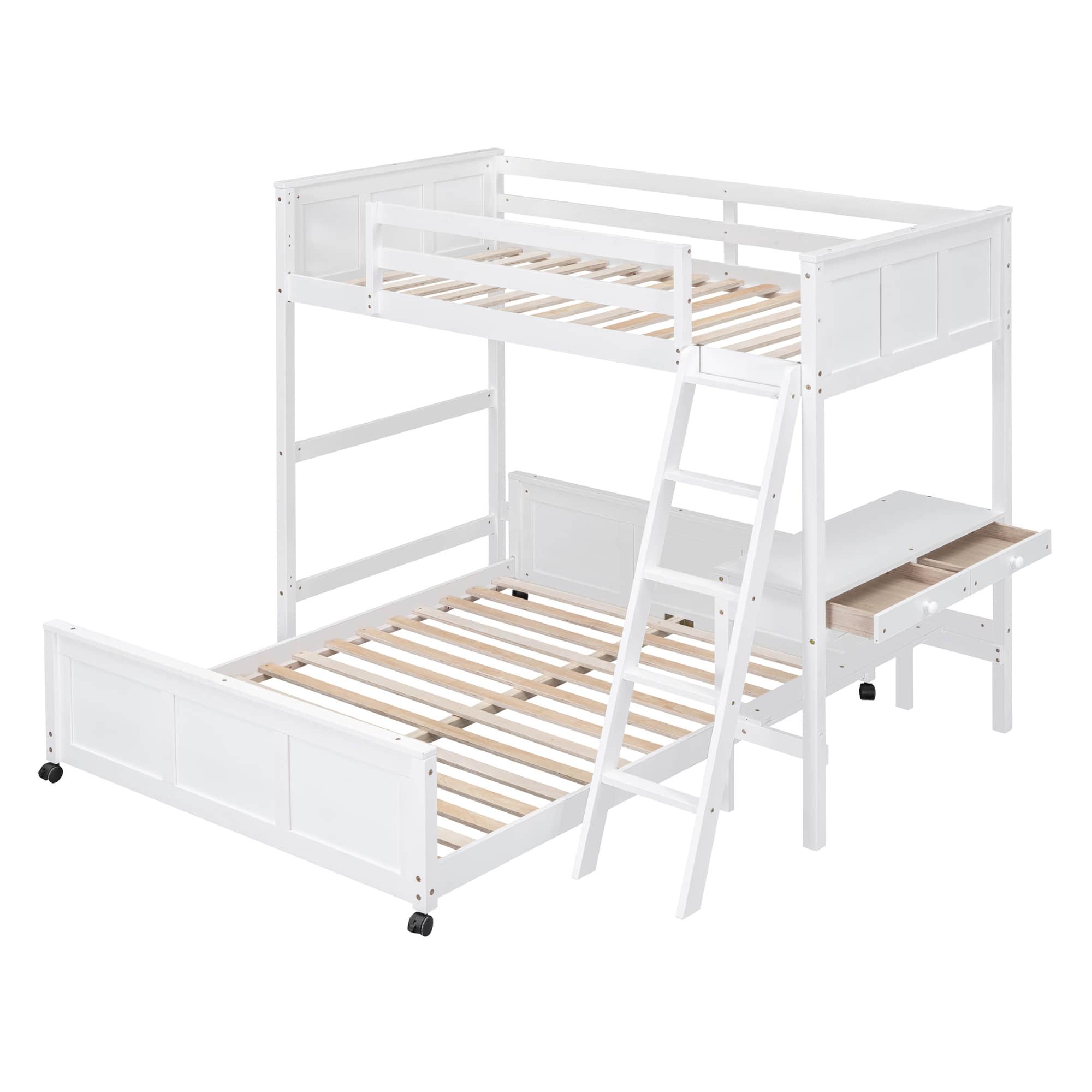 L-Shaped Twin Over Full Bunk Beds with Desk and Storage Drawers Wooden