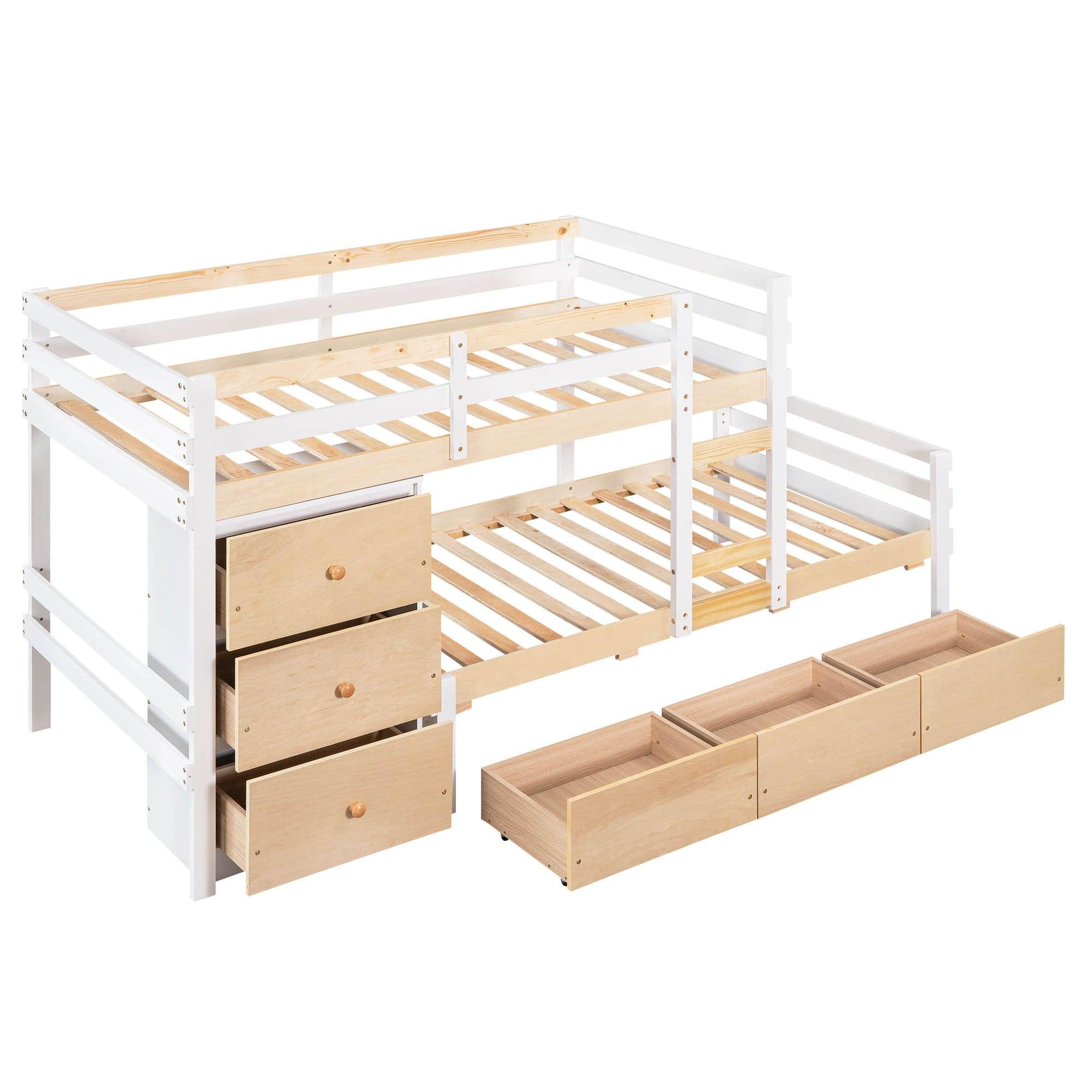 Low Twin Over Twin Bunk Beds for Kids with Storage Drawers and Dresser