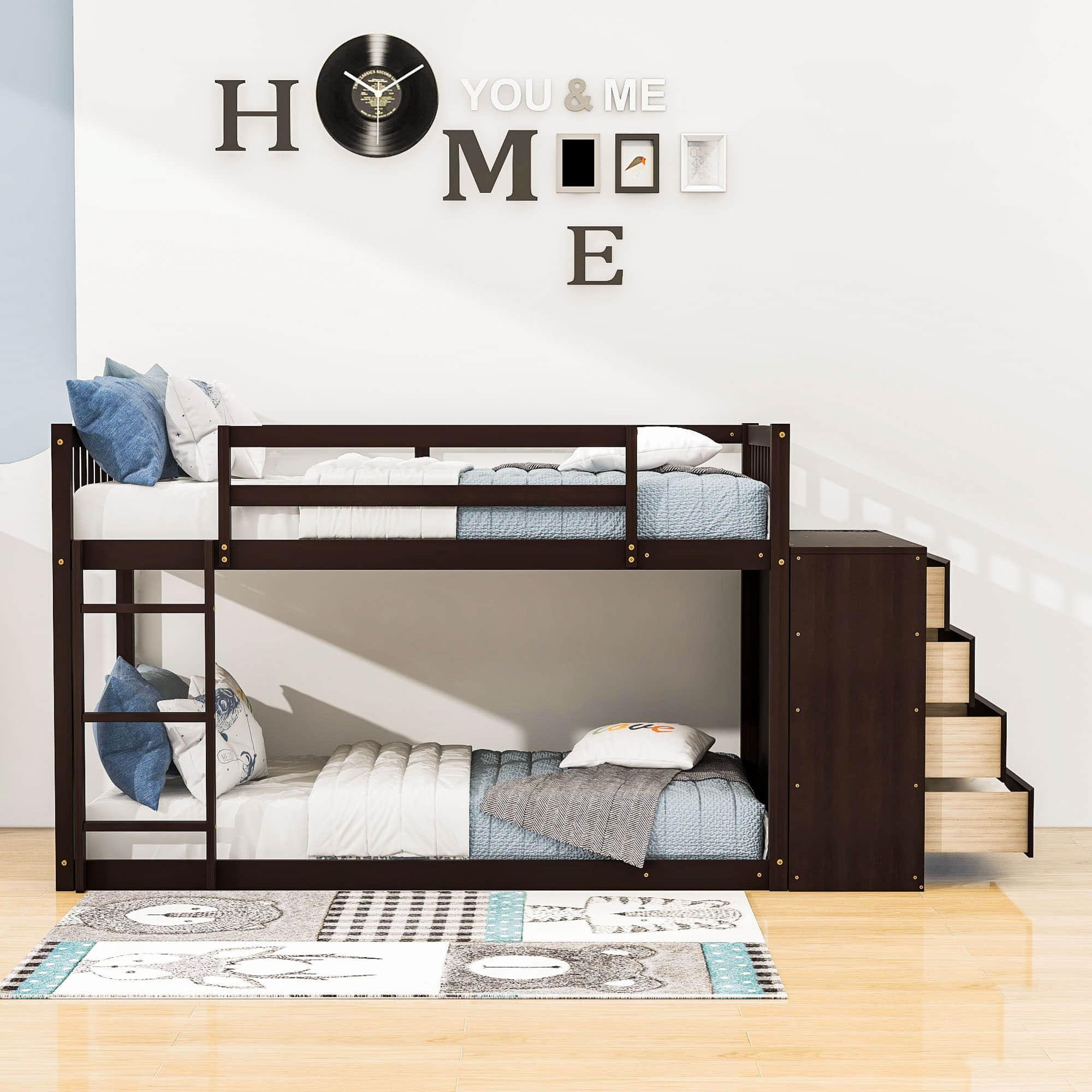 Low Twin Over Twin Bunk Beds with Detachable Storage Dresser - [Drawers, Shelves]