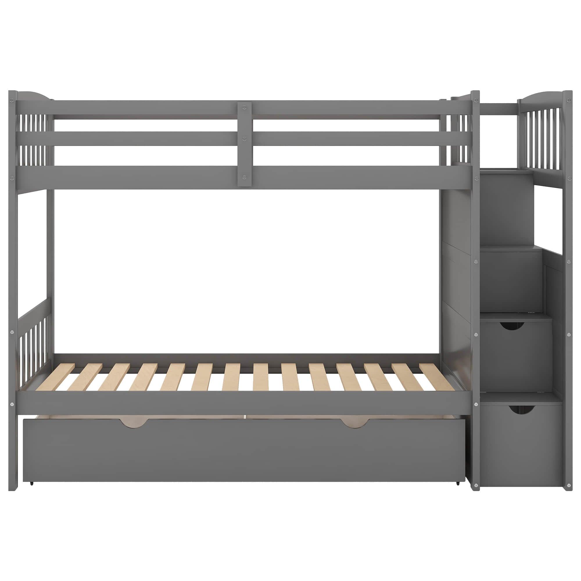 Twin Over Twin/Full Convertible Bunk Beds with Stairs and Storage - [Drawers, Shelves, Cabinet]