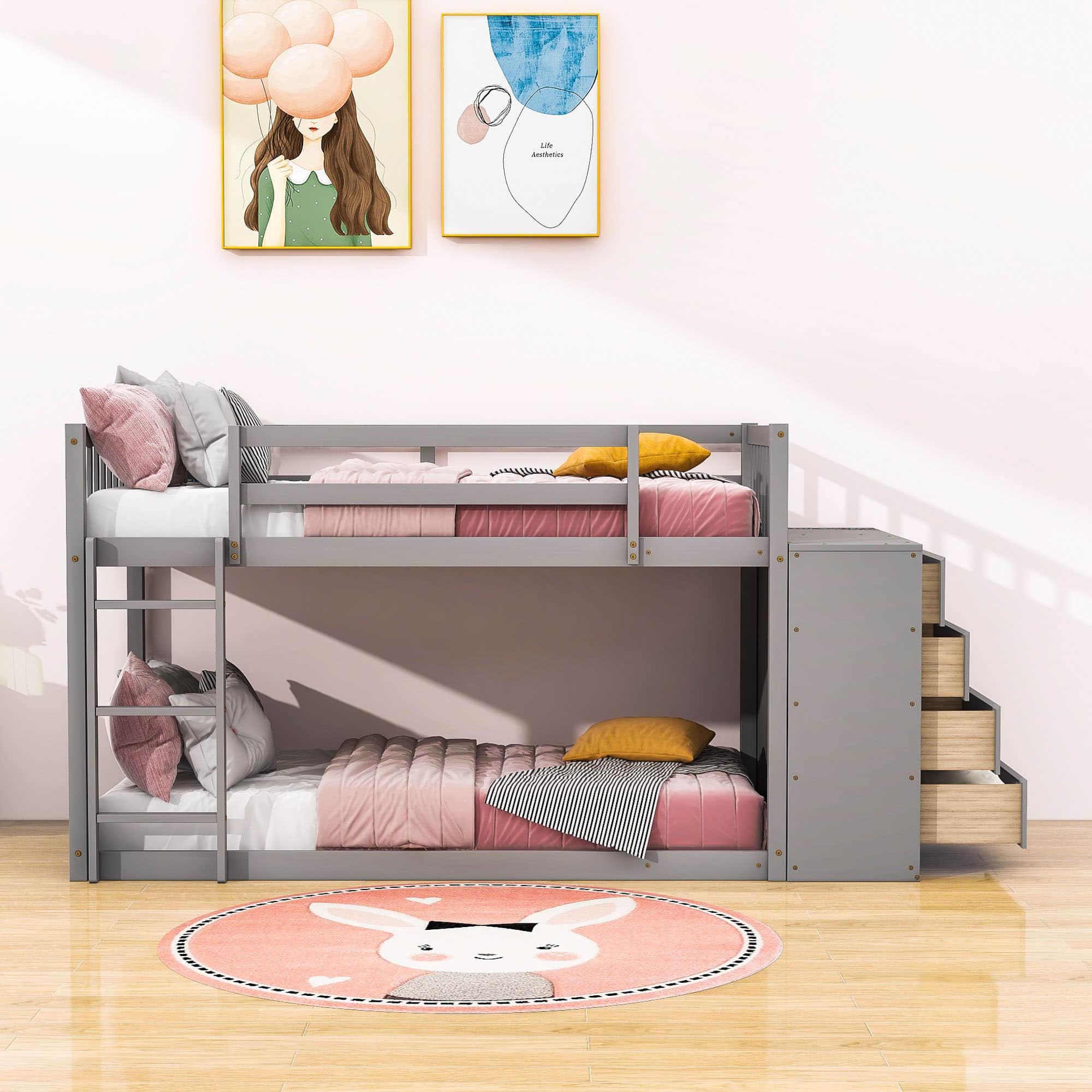 Low Twin Over Twin Bunk Beds with Detachable Storage Dresser - [Drawers, Shelves]