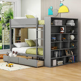 Wooden Full Over Full Bunk Beds with Storage Drawers, Shelves