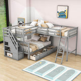 Twin Over Full Corner Loft Bunk Beds with Stairs and Storage - [Wood, Triple, Drawers]