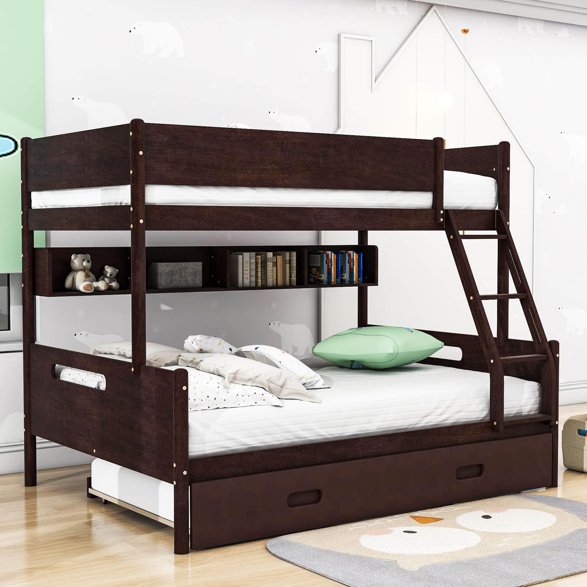 Wooden Twin Over Full Bunk Beds with Trundle and Storage Bookshelves