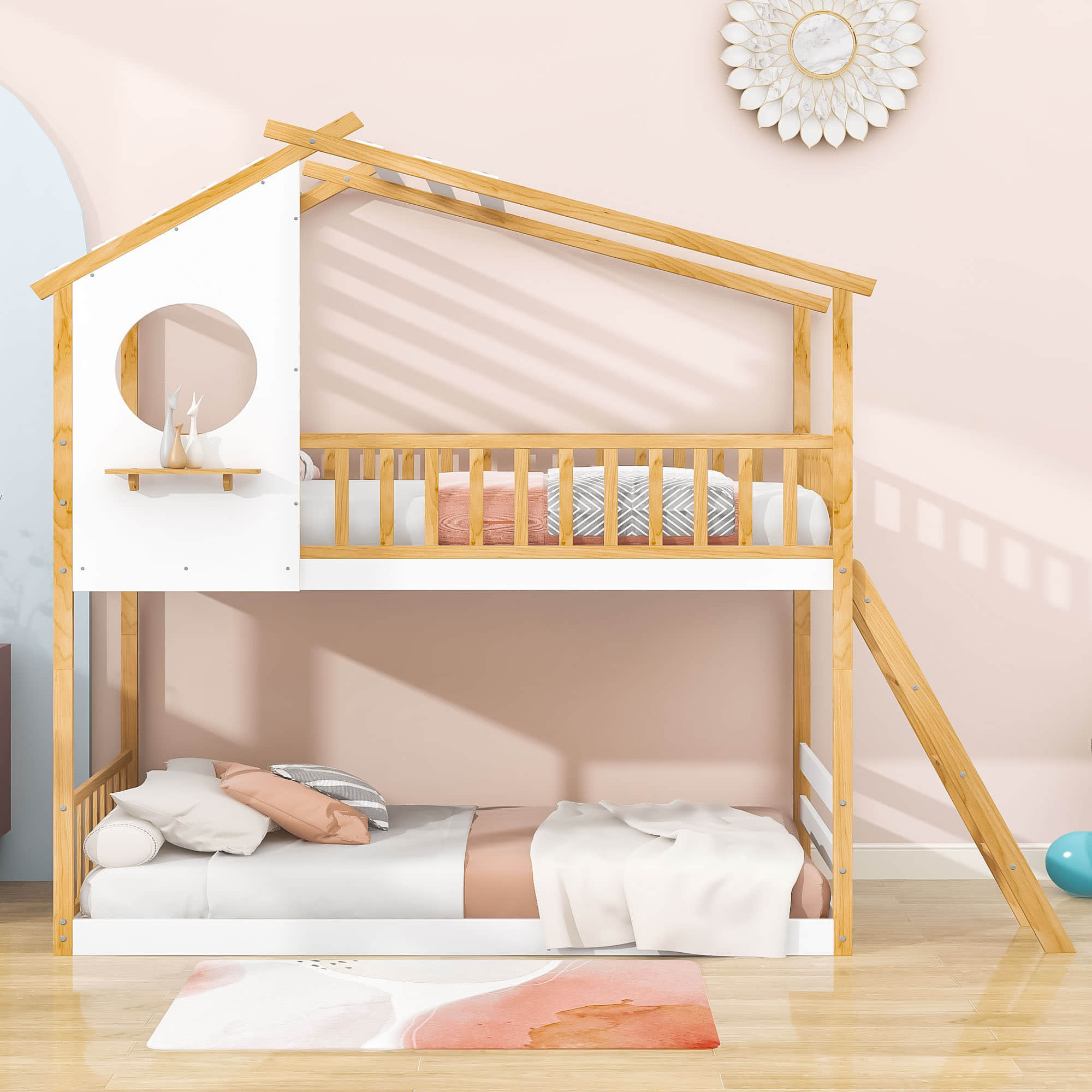 Low to Floor Twin Over Twin House Bunk Beds for Toddler, Kids - [Wood]