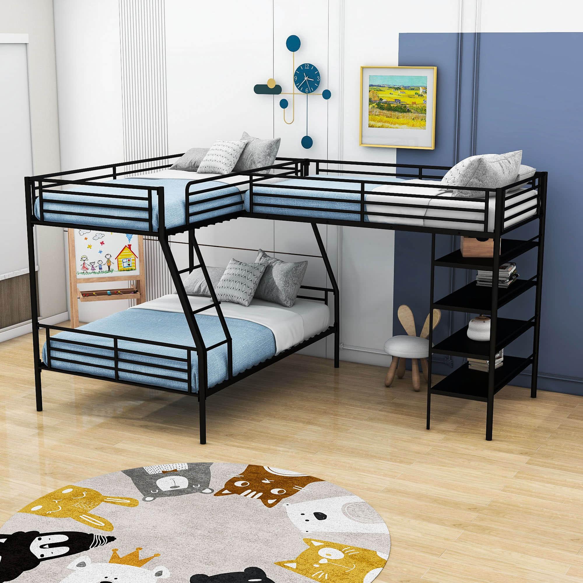 Twin Over Full Loft Triple Bunk Beds with Storage Shelves - [Metal, L-Shaped]