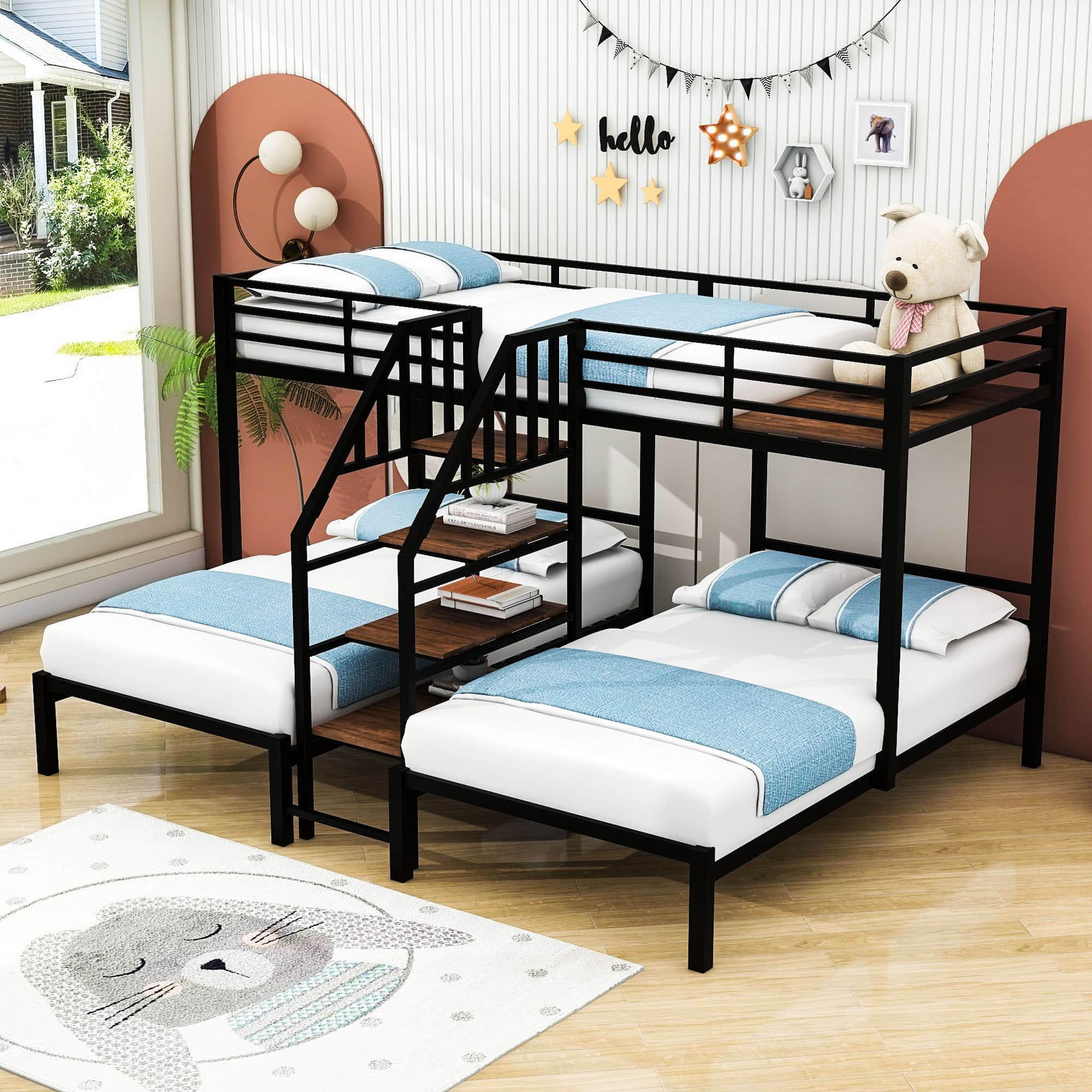 Twin Over Twin & Twin Triple Bunk Beds with Stairs and Storage - [Metal, Shelves]