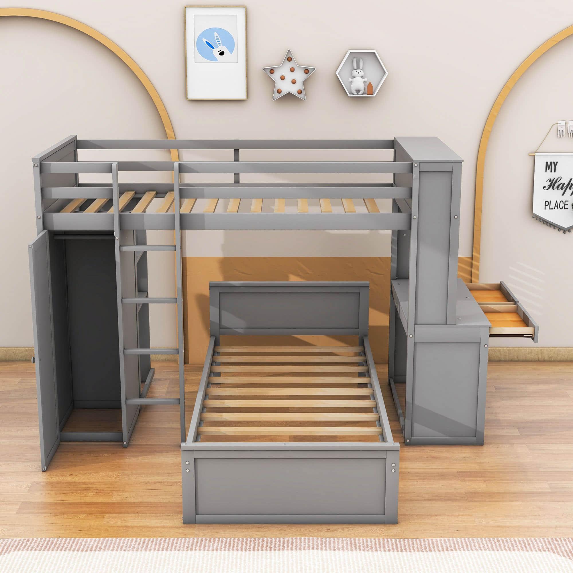 L-Shaped Twin Over Twin Bunk Beds with Desk and Storage - [Wooden, Drawers, Wardrobe]