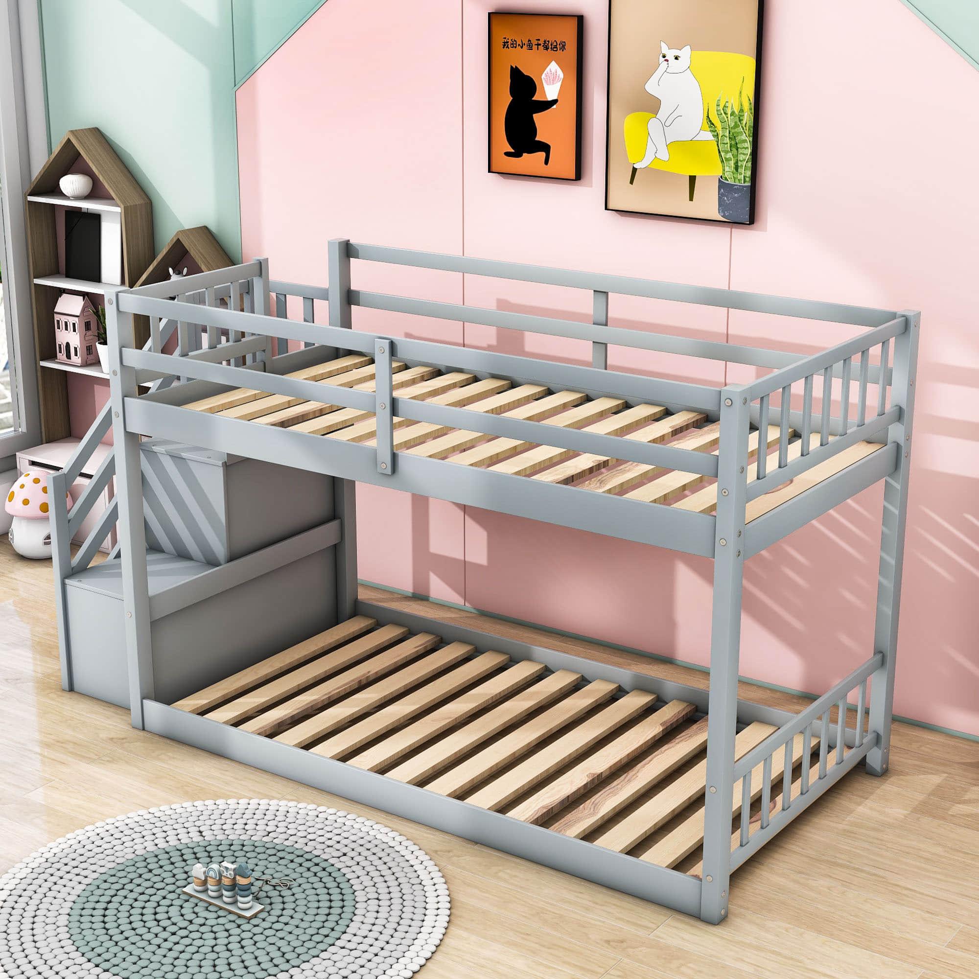 Low Twin Over Twin Toddler Bunk Beds with Stairs - [Floor]