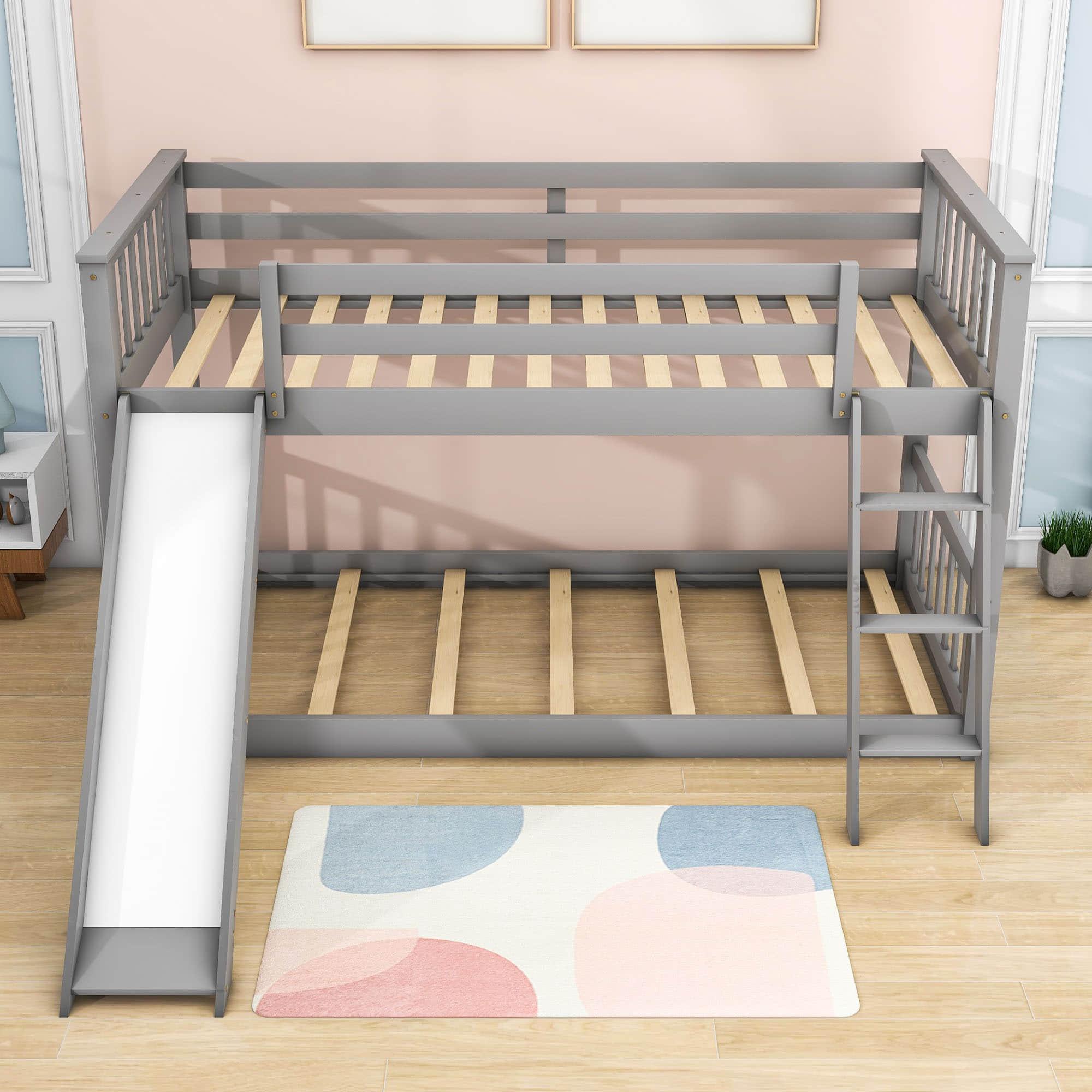 Low Twin Over Twin Bunk Beds with Slide for Kids Toddler - [Wooden, Floor, Interchangeable]