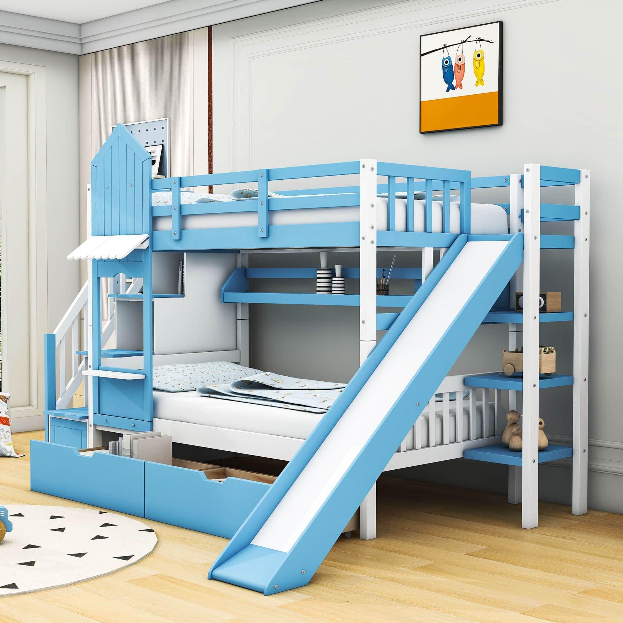 Girls Twin Over Twin Castle Bunk Bed with Slide and Stairs, Storage