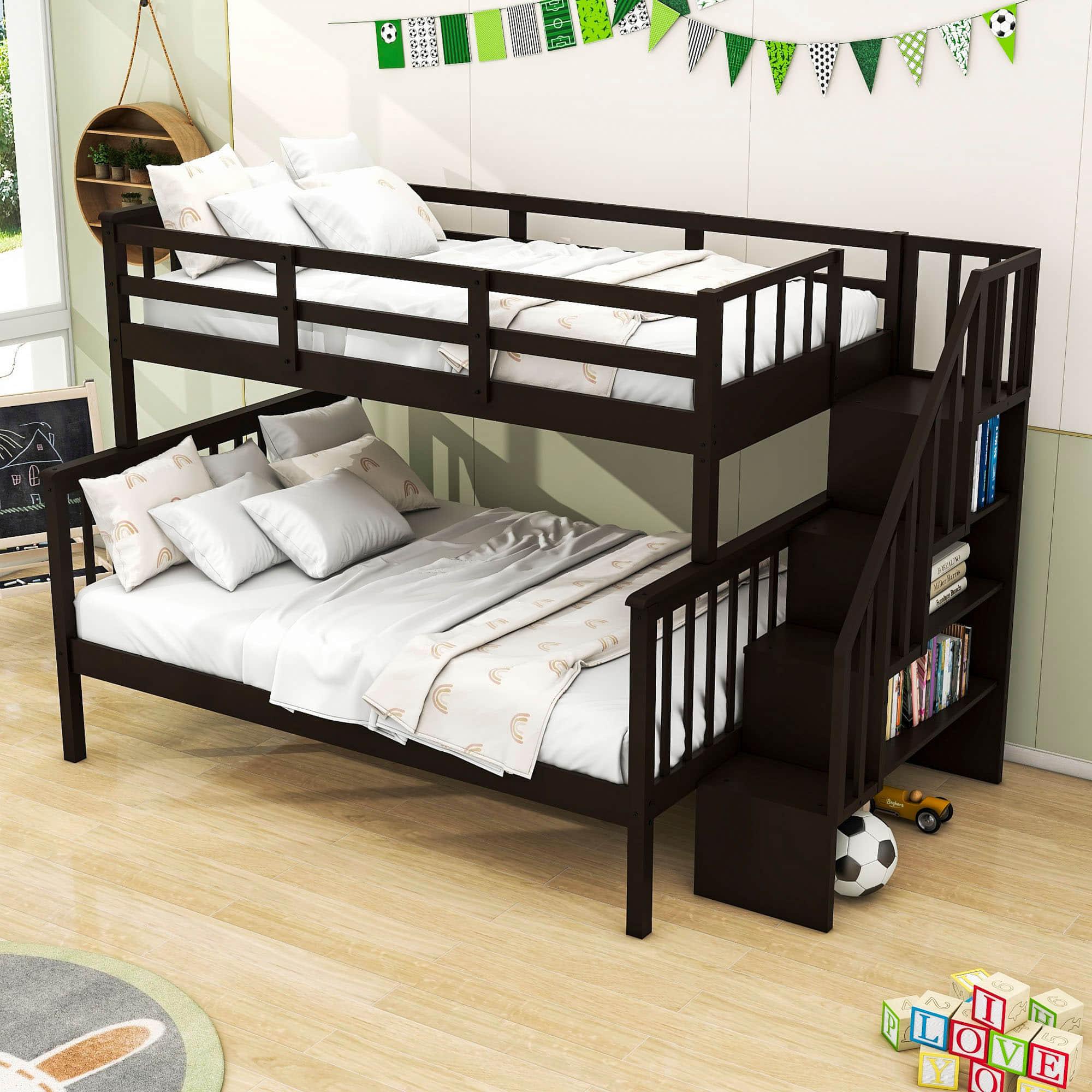 Wood Twin Over Full Bunk Bed with Storage and Stairs - [Shelves, Classic]