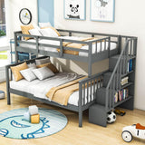 Wood Twin Over Full Bunk Bed with Storage and Stairs - [Shelves, Classic]