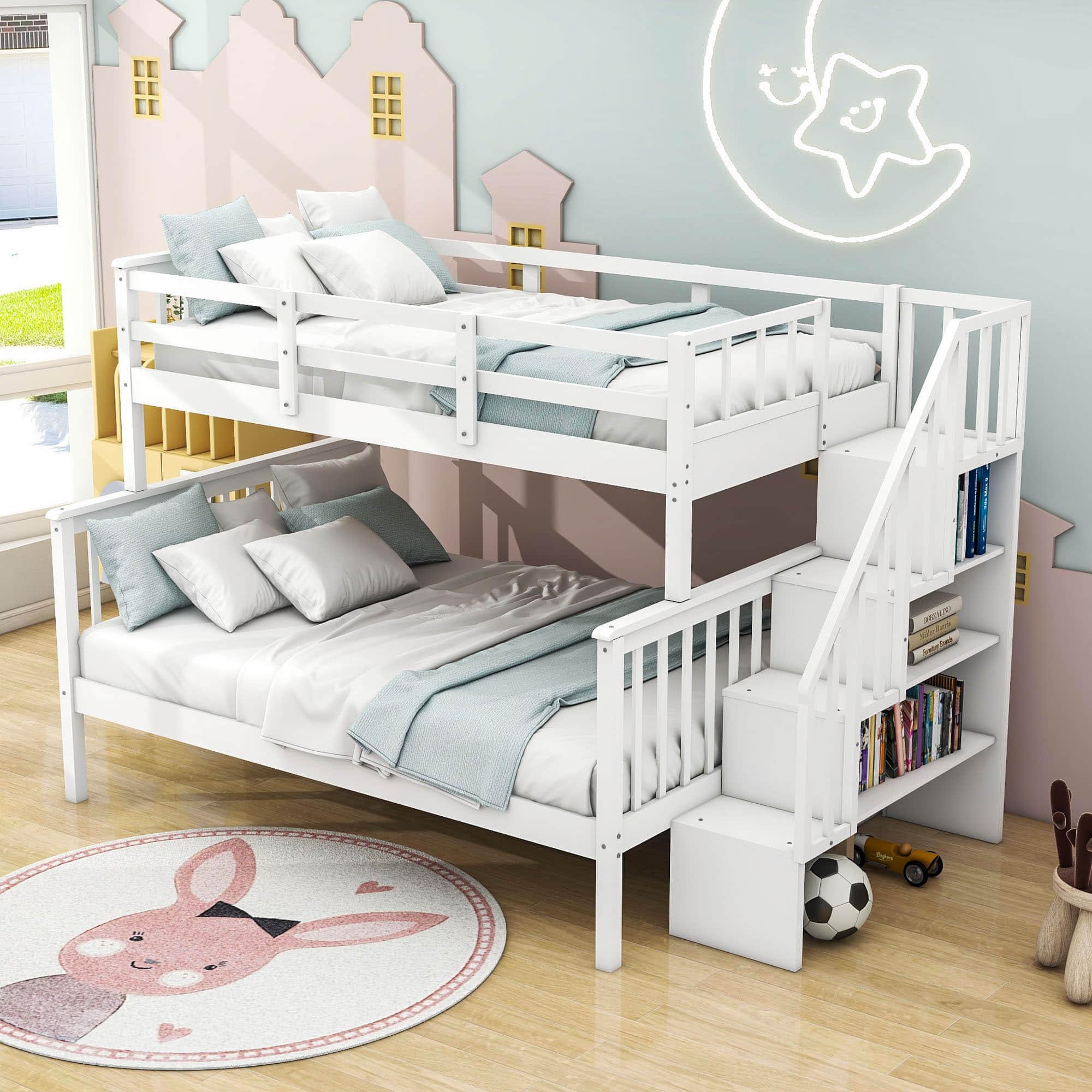 Wood Twin Over Full Bunk Bed with Storage and Stairs - [Shelves, Classic]