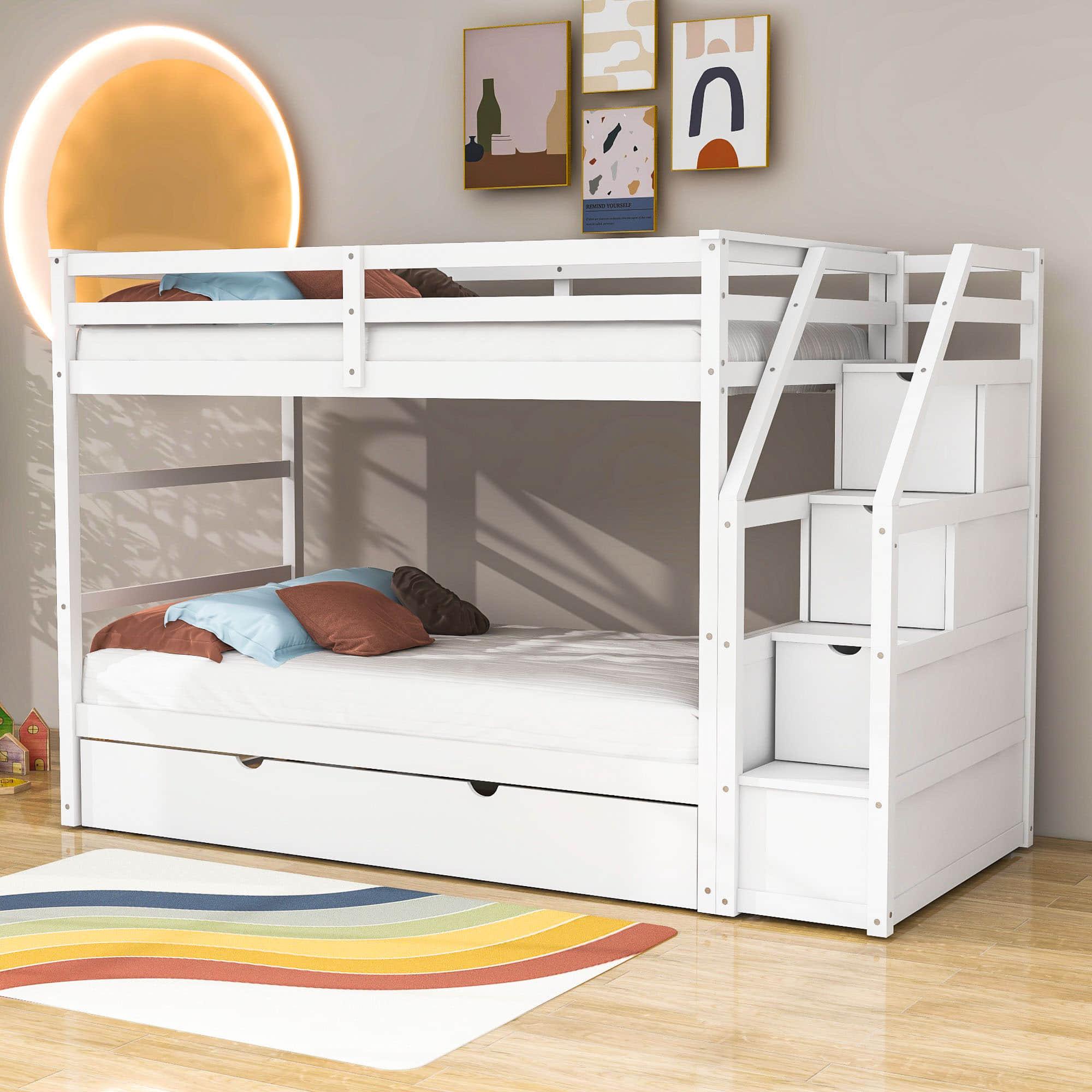 Low Twin Over Twin Bunk Beds for Kids with Storage Stairs and Trundle