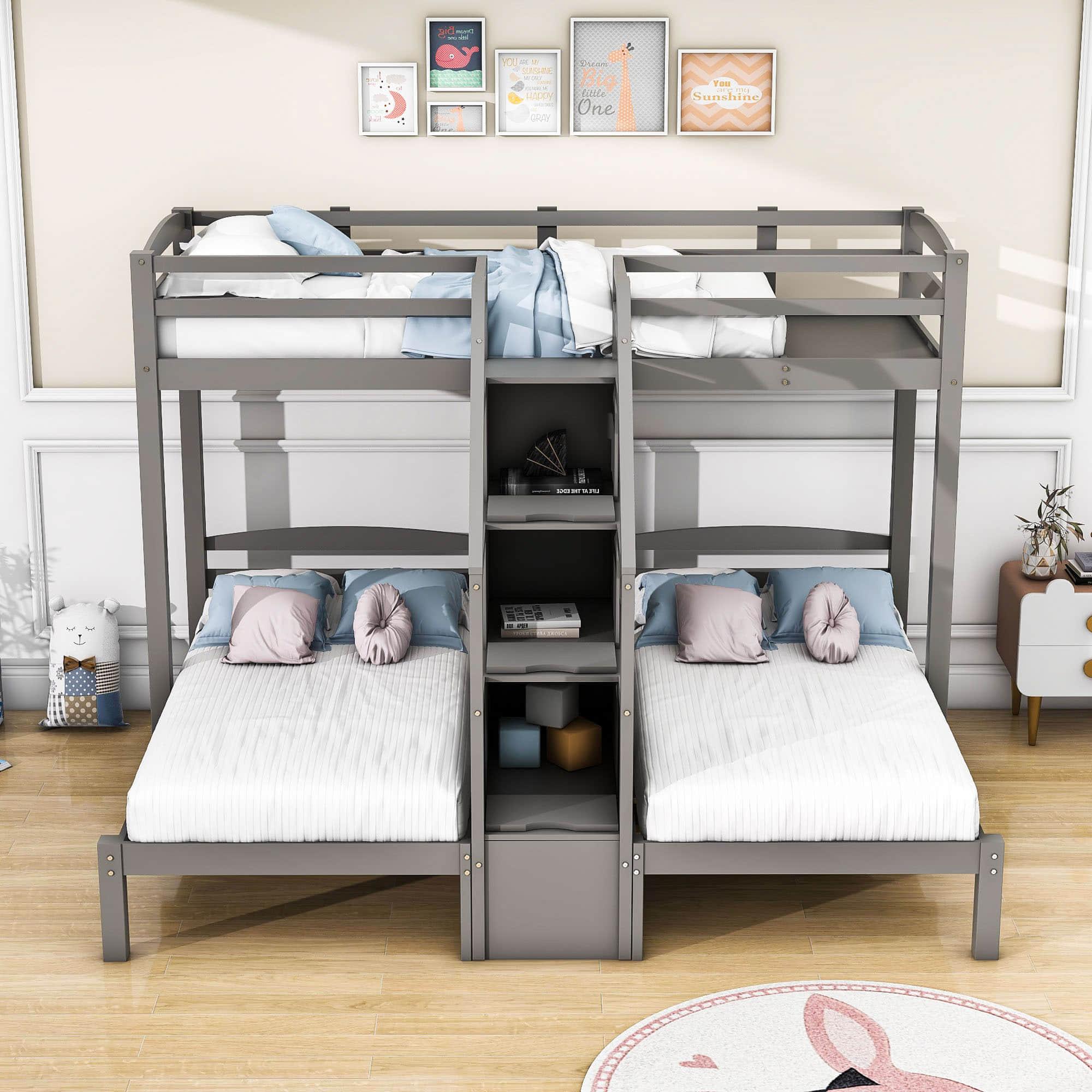 Wood Twin over Twin & Twin Triple Bunk Bed for Kids with Stairs and Storage