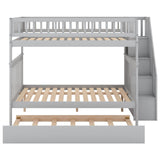 Wooden Full Size Bunk Bed with Stairs and Trundle, Storage Shelves