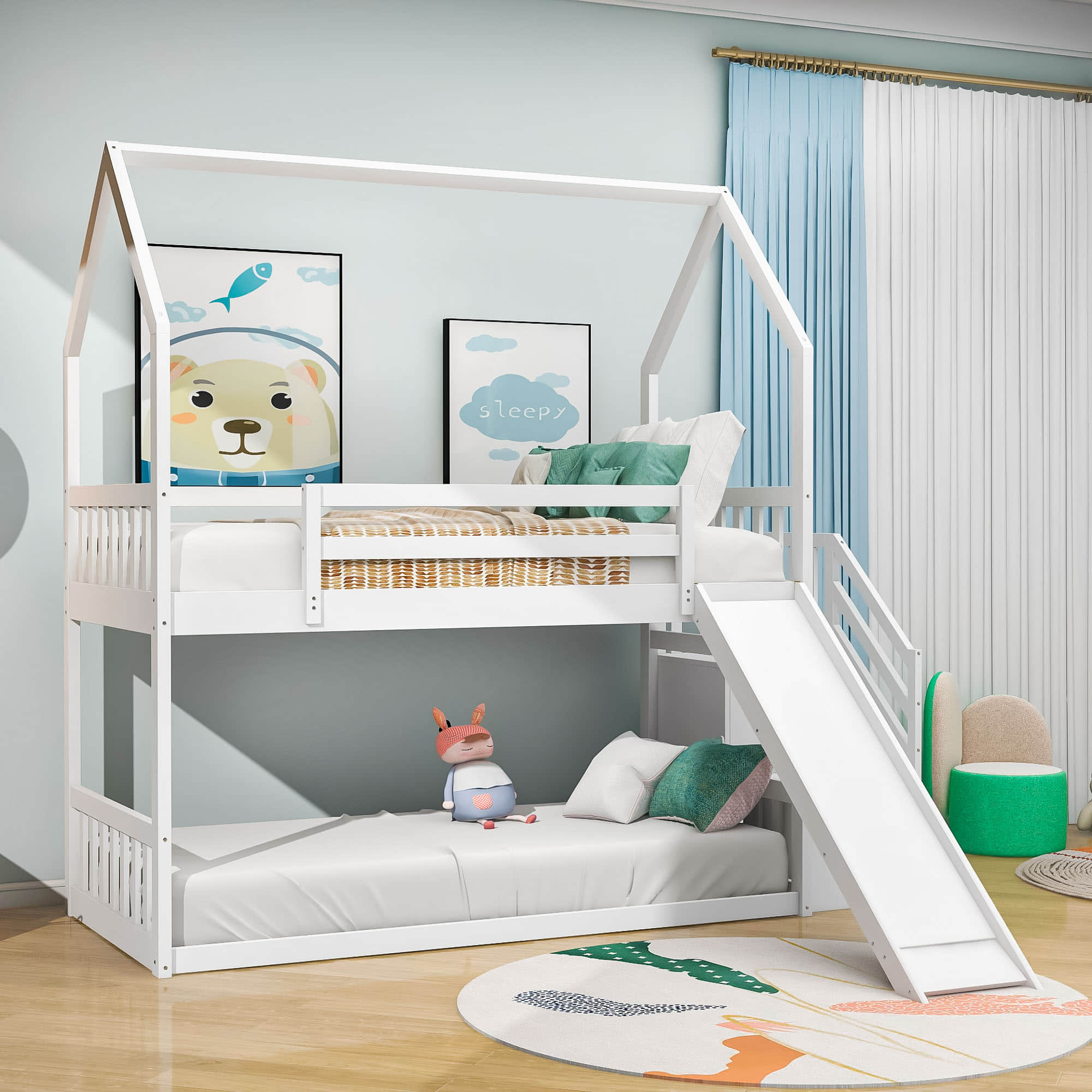 Low Twin Loft House Bunk Beds for Kids with Stairs and Slide - [Convertible]