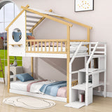 Low Twin Over Twin House Bunk Beds with Stairs and Storage for Kids, Toddler - [Floor]