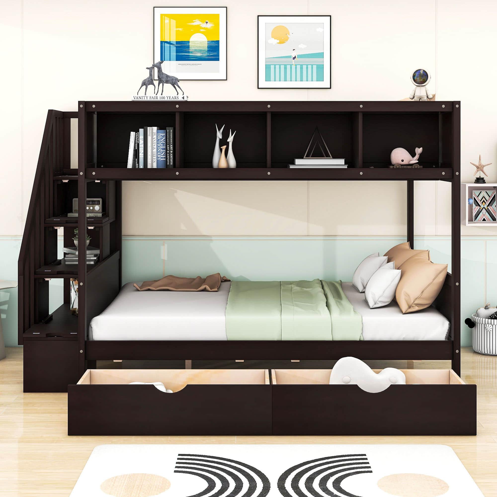 Twin Over Full Bunk Beds with Stairs and Storage for Adults - [Wooden, Drawers, Bookcase]