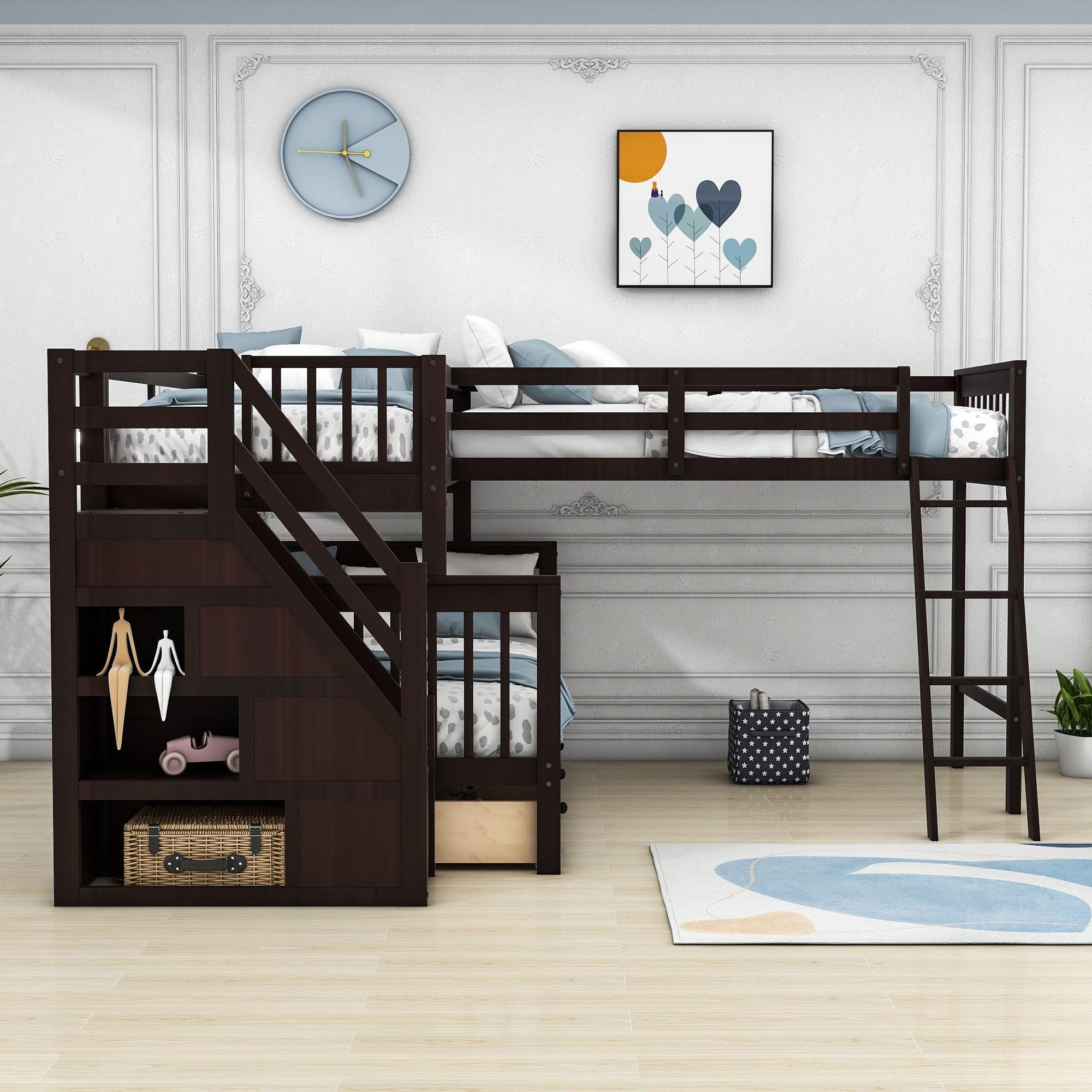 Twin Over Full Corner Loft Bunk Beds with Stairs and Storage - [Wood, Triple, Drawers]