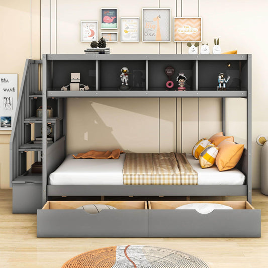 Twin Over Full Bunk Beds with Stairs and Storage for Adults - [Wooden, Drawers, Bookcase]