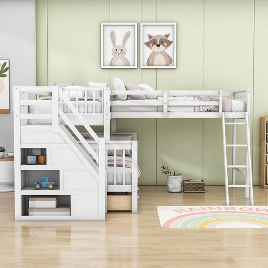 Twin Over Full Corner Loft Bunk Beds with Stairs and Storage - [Wood, Triple, Drawers]