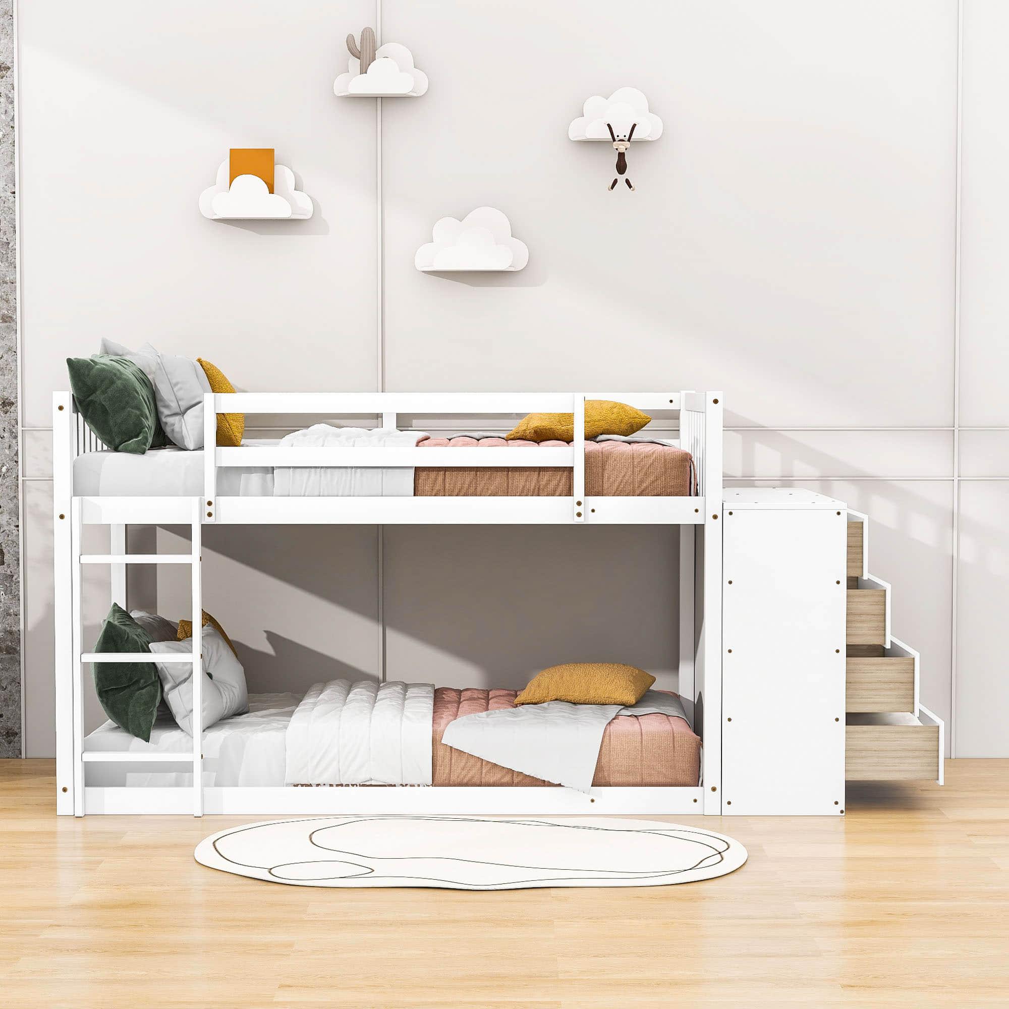 Low Twin Over Twin Bunk Beds with Detachable Storage Dresser - [Drawers, Shelves]