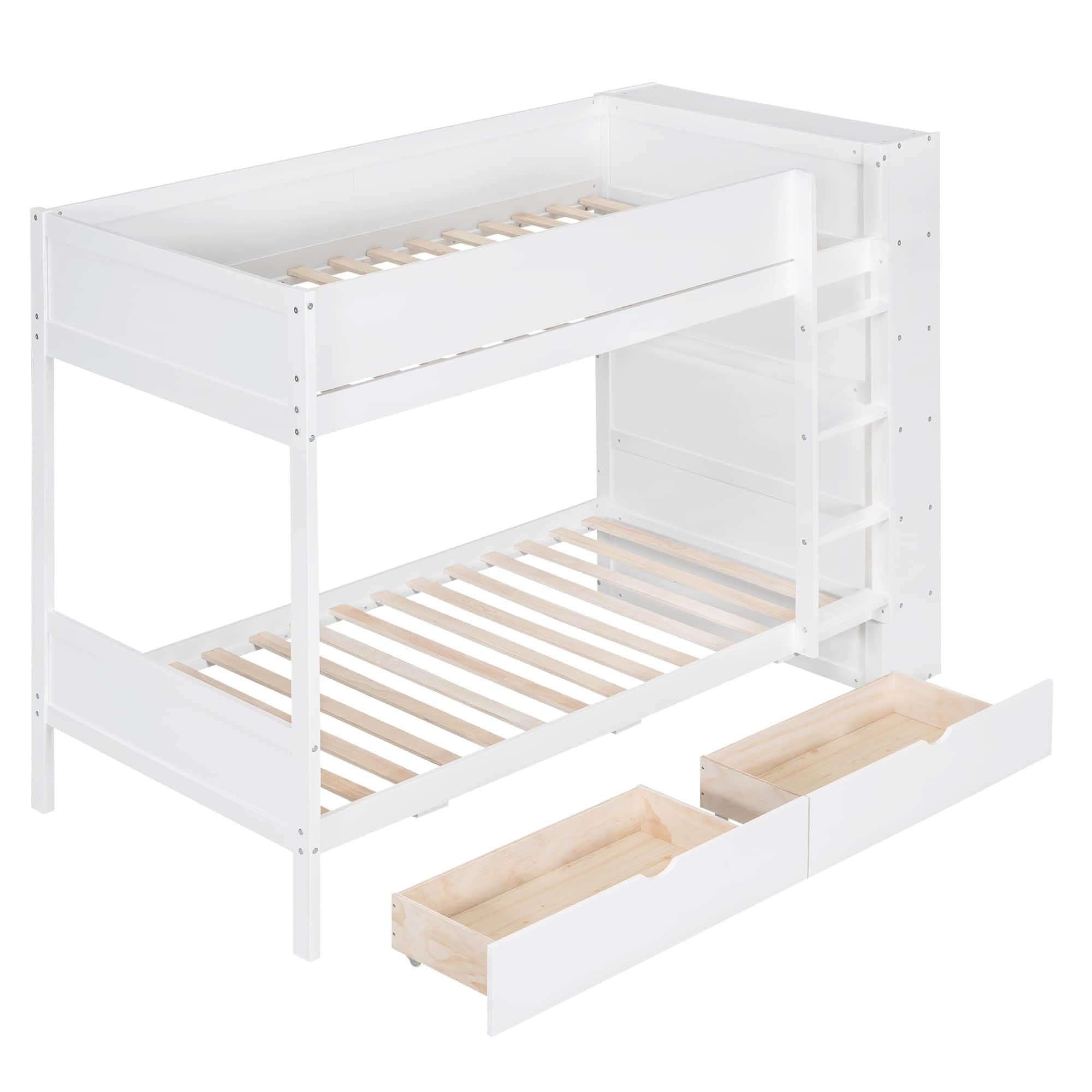 Wooden Twin Over Twin Bunk Beds with Storage Drawers, Shelves