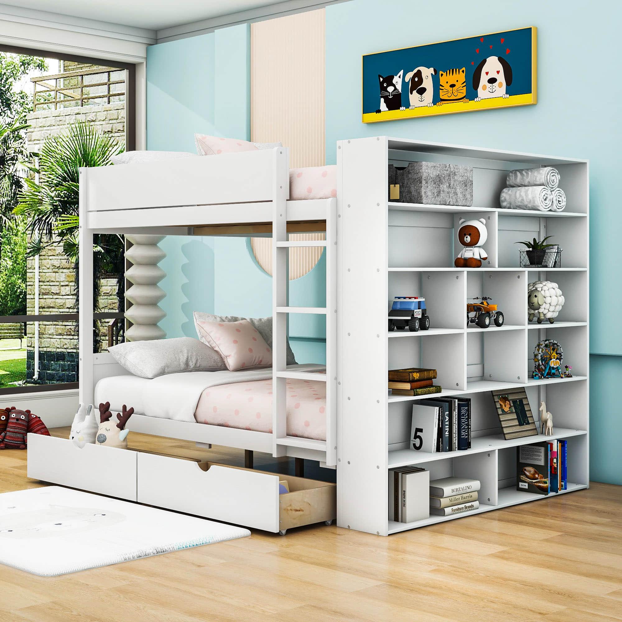 Wooden Full Over Full Bunk Beds with Storage Drawers, Shelves