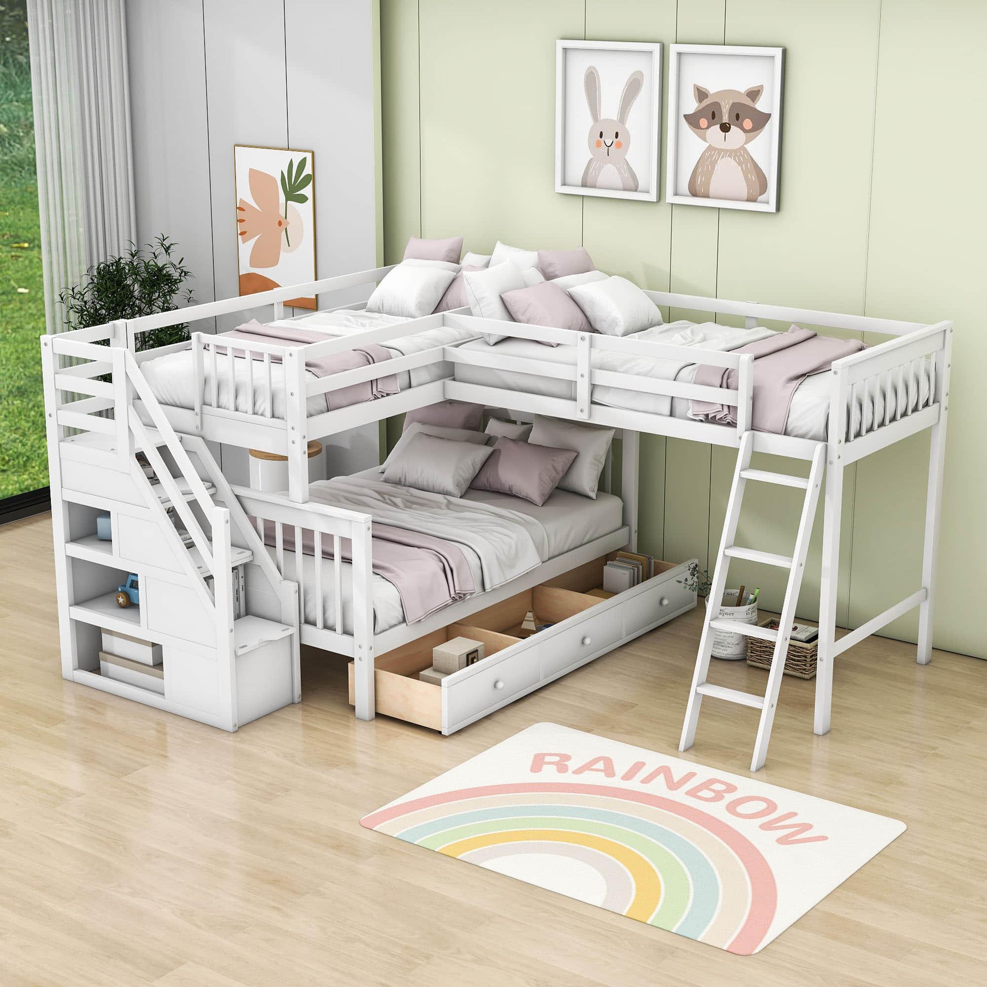 Twin Over Full Corner Loft Bunk Beds with Stairs and Storage - [Wood, Triple, Drawers]