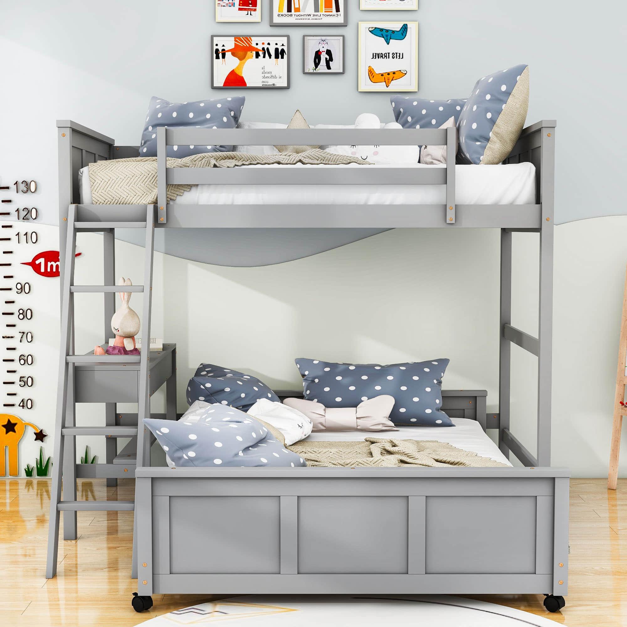 L-Shaped Twin Over Full Bunk Beds with Desk and Storage Drawers Wooden